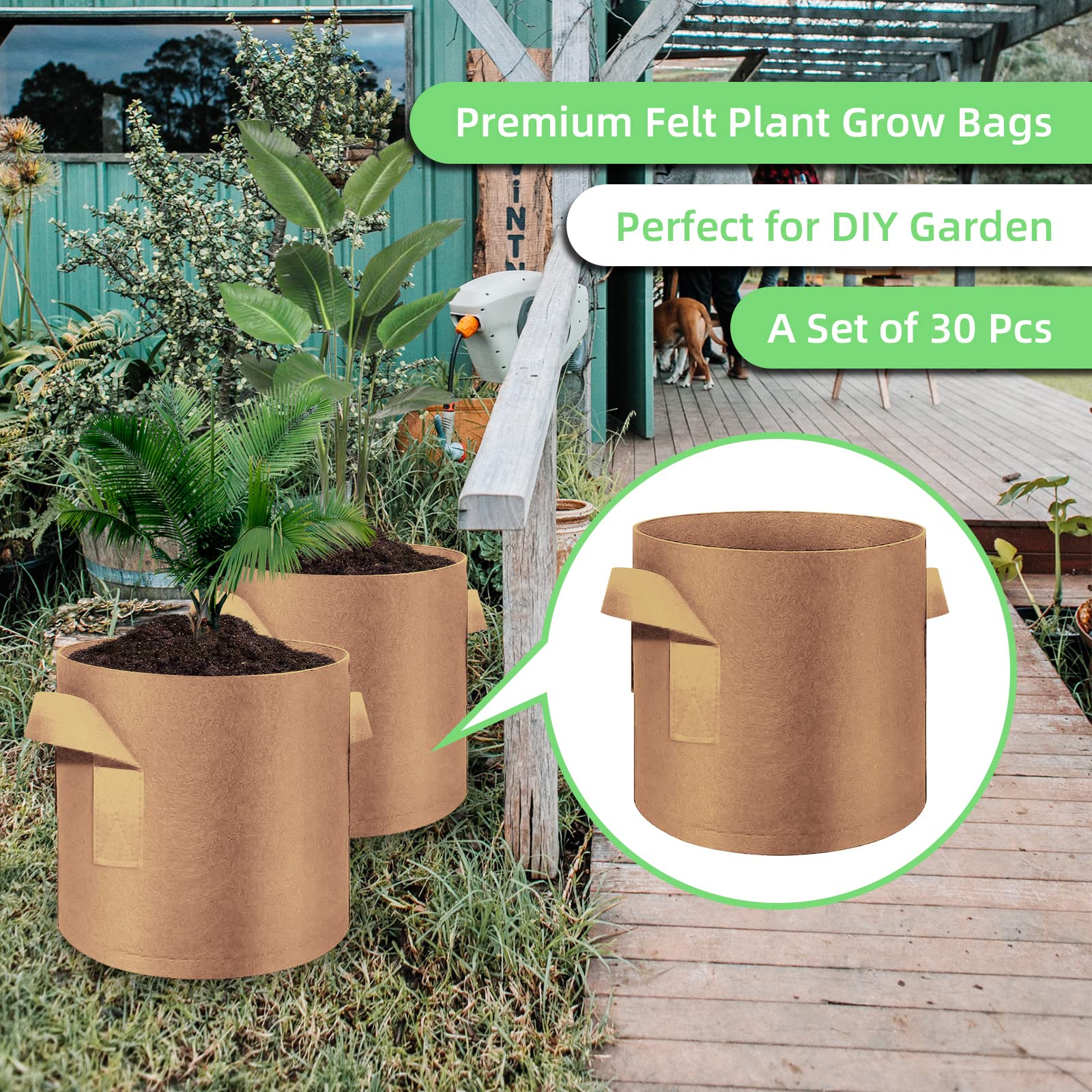 Lot de 30 sacs de culture en tissu non tissé avec poignées, 30 litres, pots de fleurs en tissu non tissé pour légumes, fleurs, pommes de terre (marron)