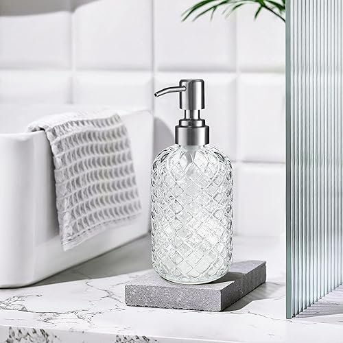 Miniatura 6 de Dispensador de jabón de vidrio recargable de 14 onzas con bomba de acero inoxidable a prueba de óxido, para dispensar jabón de manos, gel de baño,