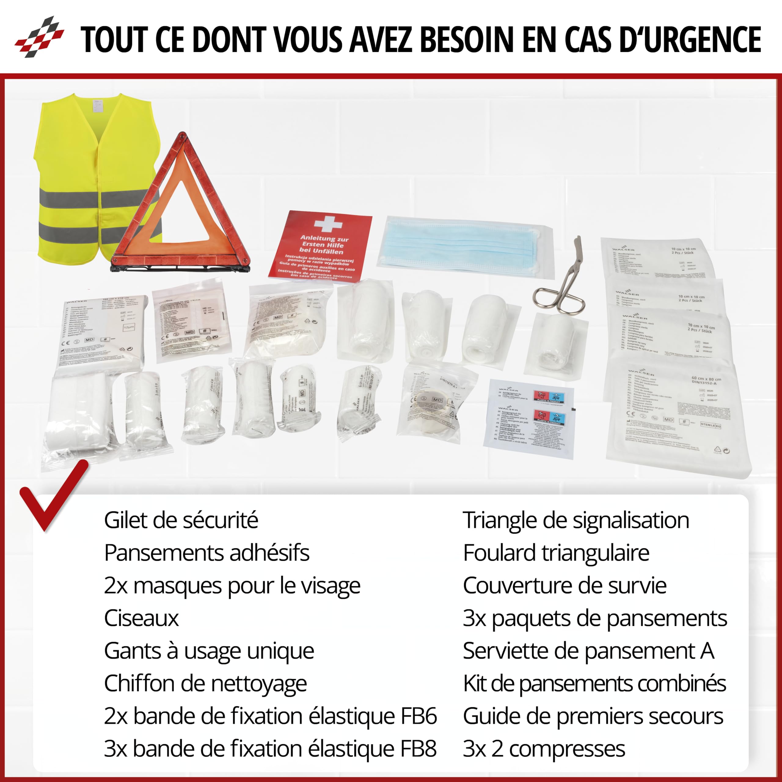 WALSER Trousse de secours voiture, trousse de secours voiture 2026 avec triangle de panne et gilet de sécurité vainqueur du comparatif* DIN 13164