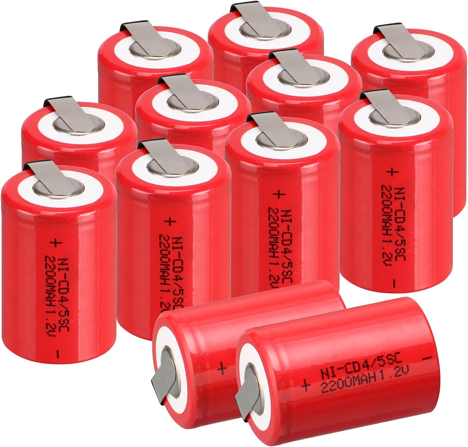 Ni-Cd Rechageble Batteries, 1.2V 2200 mAh 4/5Sub C Battery Flat Top Battery with Tabs for Digital Cameras, CD Players Battery Pack (Pack of 12), Red