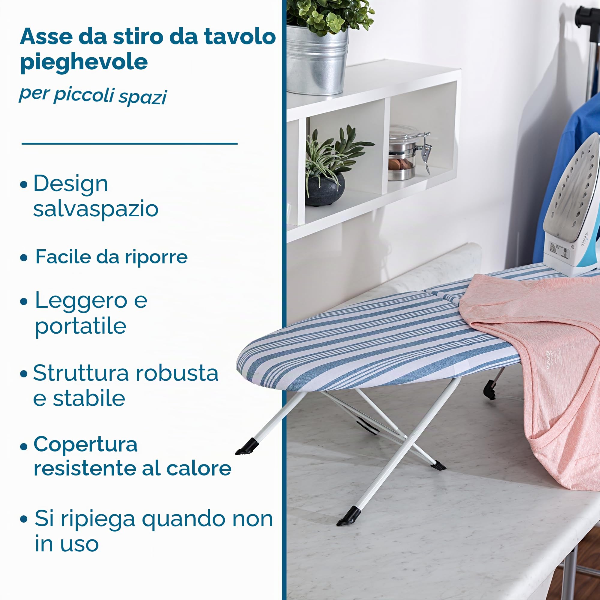 Honey Can Do BRD-01292 ASSE da Stiro Pieghevole da Tavolo, Telaio Bianco/Fodera A Strisce Blu, 31.5x8.13x42.01 cm