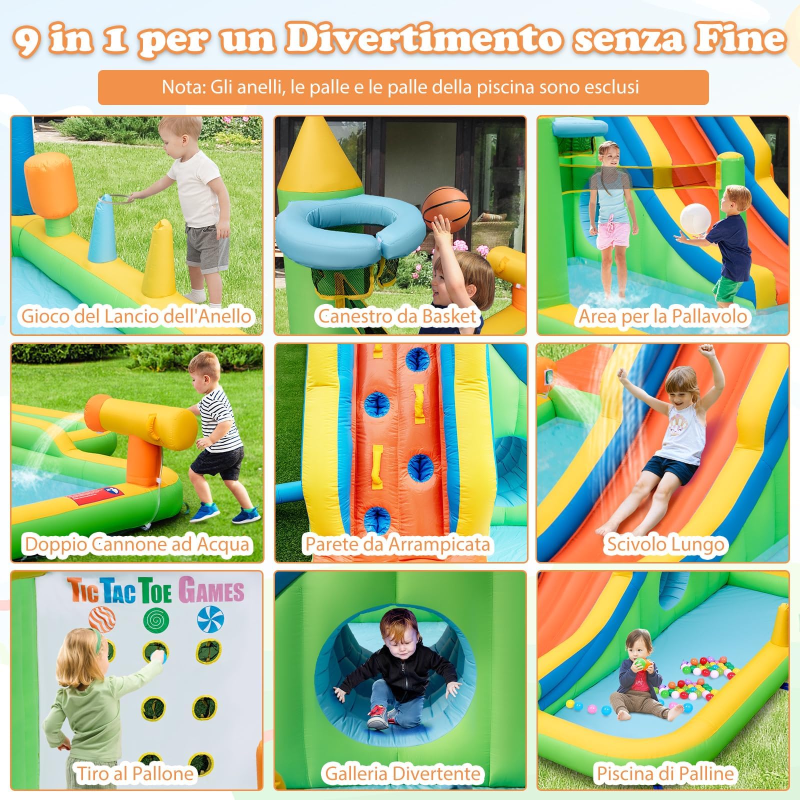 RELAX4LIFE Castillo Hinchable para Niños, Piscina Hinchable con Trampolín, Tobogán con Trepadera y Paso Inferior, Plegable para Exterior (Modelo 12)