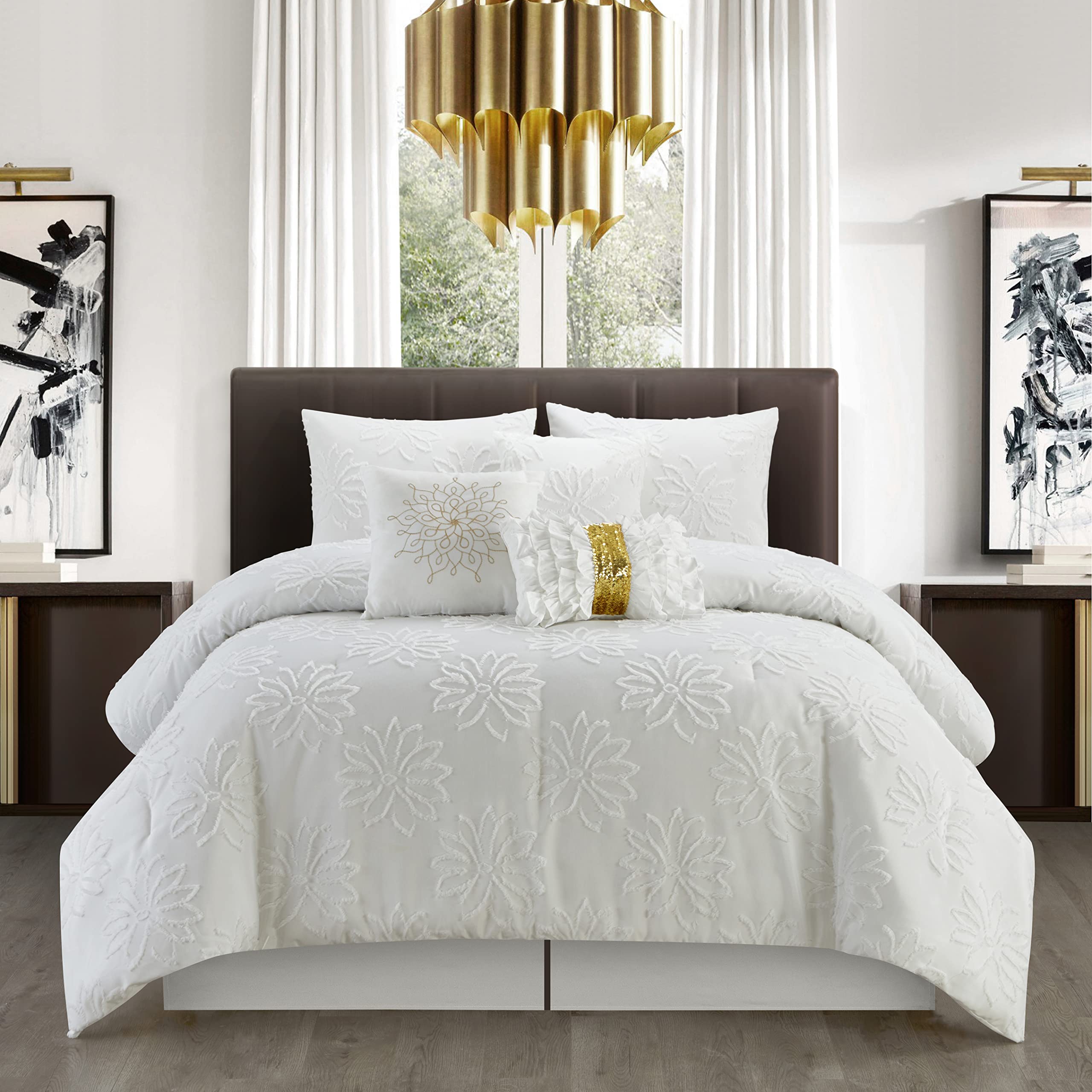 Grand Avenue White King Size Comforter Set, 7 Piece, All Season Premium Bedding Set, Pillow Shams Bedskirt, Home Decor