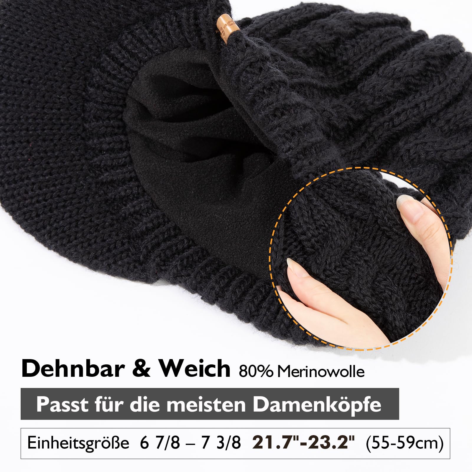 TOP-EX ChicPony Bonnet d'hiver en laine mérinos avec visière, 3 ouvertures tressées, doublure polaire, chaud et coupe-vent pour femme