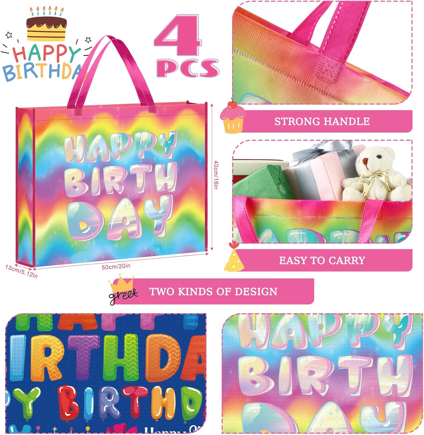 Kajaia Gift Bags, 4 Pcs Extra Large Birthday Party Favor Supplies, Non Woven Fabric, Reusable, Colorful Designs, 16 x 20 Inch, for Baby Shower, Kids, Events - Image 2