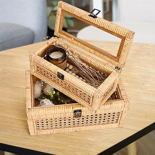 Miniatura 6 de HUAXIN CRAFT H Caja de almacenamiento decorativa de ratán con tapa, rectangular tejida con vidrio para exhibición, juego de 2 mimbre para decoración