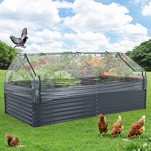 Extra Deep 8x4x2 ft Galvanized Raised Garden Bed with Greenhouse Cover – 269 Gallon Large Metal Planter Box for Vegetables/Flowers – Reinforced Steel, Zippered Screen Doors, Open Base, Easy Assembly –