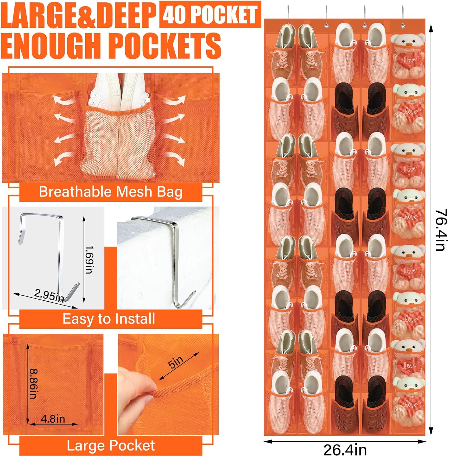 Windyun 1 Pcs 40 Pocket Over the Door Shoe Organizer Hang,Orange