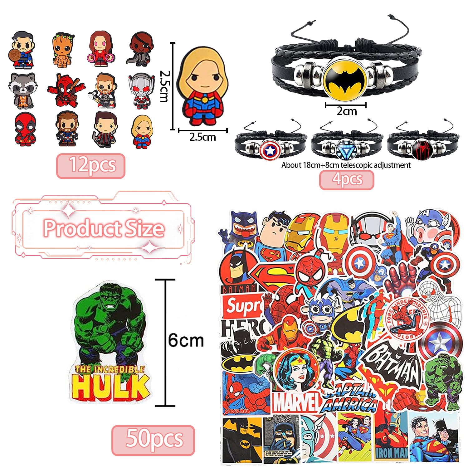 Braccialetti A Scatto Superhero Per Feste - 48 Adesivi E 18 Bracciali Per Compleanni E Regali - Foto 2