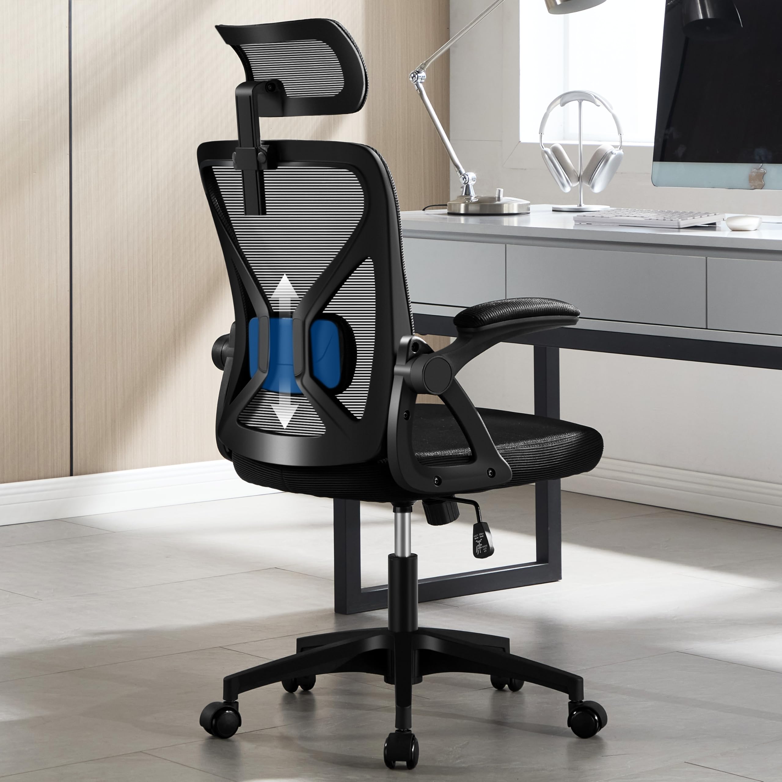 Fizzin Bürostuhl Ergonomischer Wippfunktion bis 125°,180kg | Schreibtischstuhl mit verstellbare Kopfstütze,Armlehnen & Lendenstütze Chefsessel Mesh für Büro, Gaming & Homeoffice, Schwarz