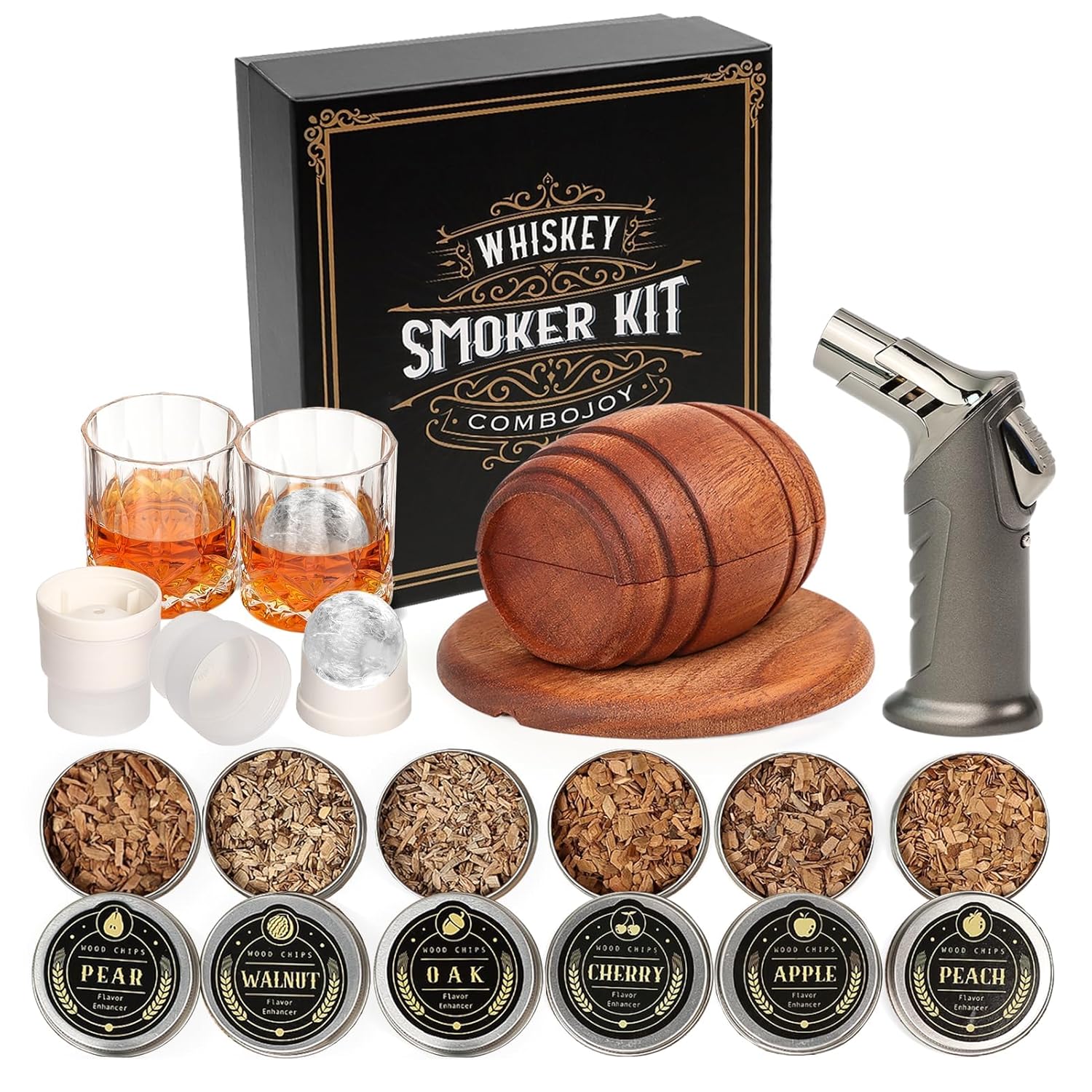 Whiskey Smoker Kit with Torch - 6 Flavors Wood Chips, 2 Glasses, 2 Ice Ball Molds - Cocktail Smoker Infuser Kit, Old Fashioned Drink Smoker Kit, Birthday Bourbon Whiskey Gifts for Men,Dad(NO Butane) image 1
