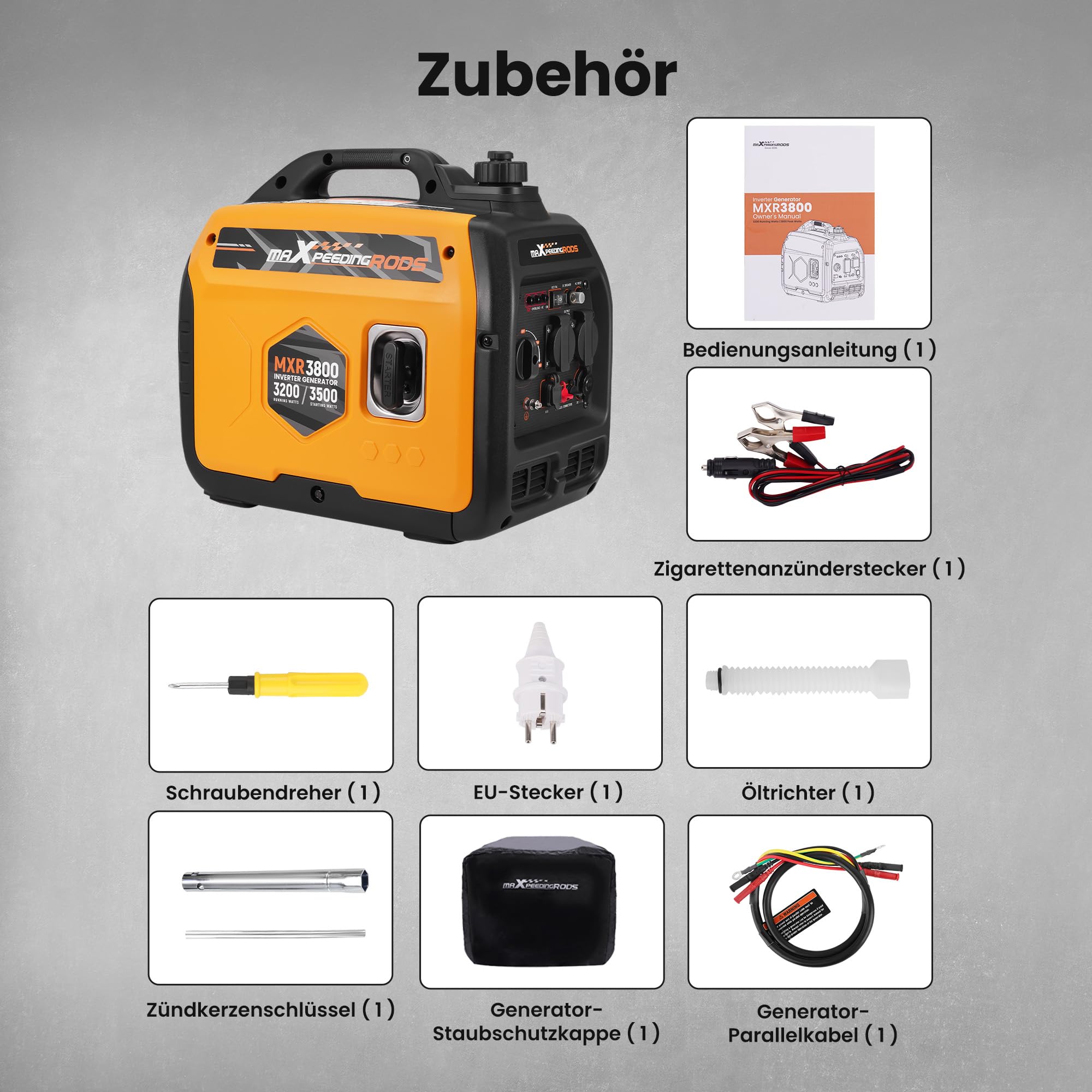 maXpeedingrods Inwerterowy generator prądu 3500 W, lekki i mobilny | agregat prądotwórczy na benzynę, tryb ECO z 2 x 230 V / 2 x USB / 1 x 12 V DC gniazda wtykowe na kemping, festiwale, podróże