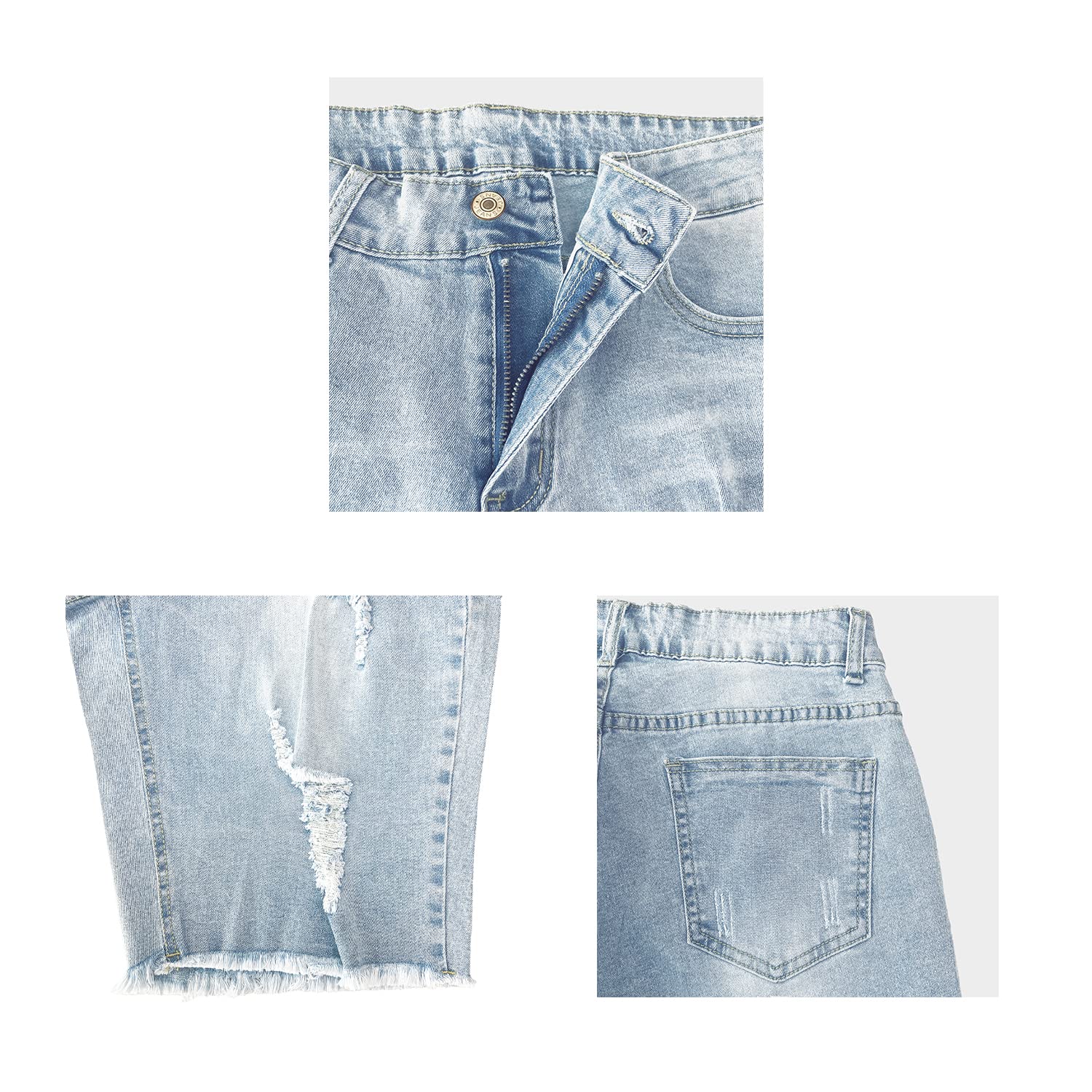 Ancapelion Short en jean décontracté pour femme - Taille moyenne - Bermuda - Ourlet brut - Trou déchiré - Avec poches