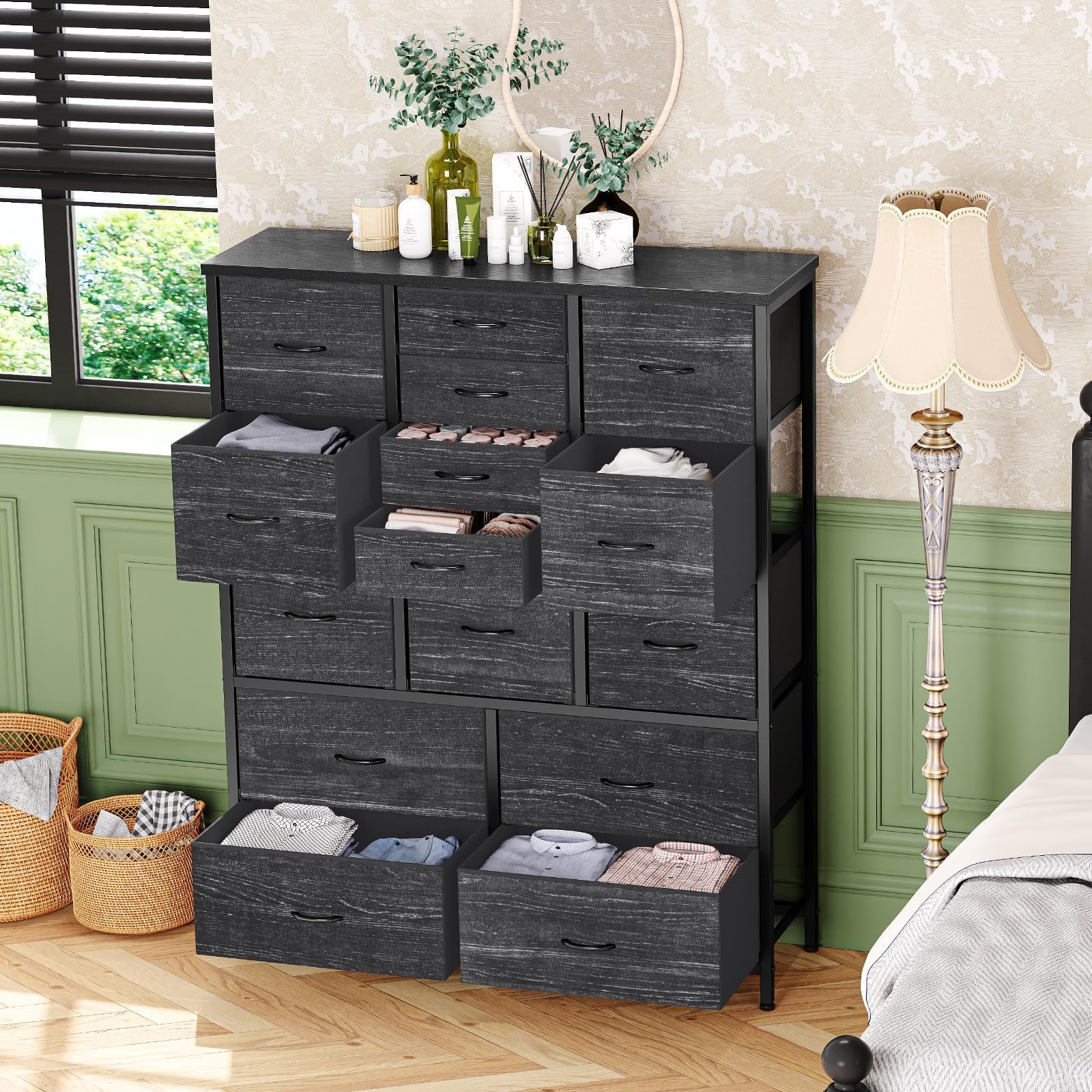 Garvee 15 Schubladen Kommode, Großer Stoffschrank mit Metallrahmen & Holzplatte, Schubladenschrank Organizer für Schlafzimmer, Wohnzimmer, Kinderzimmer & Flur, 100 x 30 x 123 cm, Deco Grau