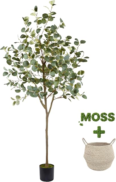 Warmplants Artificial Eucalyptus Tree, 6ft Tall Fake Eucalyptus Plant with Basket, Green Silver Dollars Silk Leaves Faux Tree for Home Office Livingroom Floor Decor Indoor