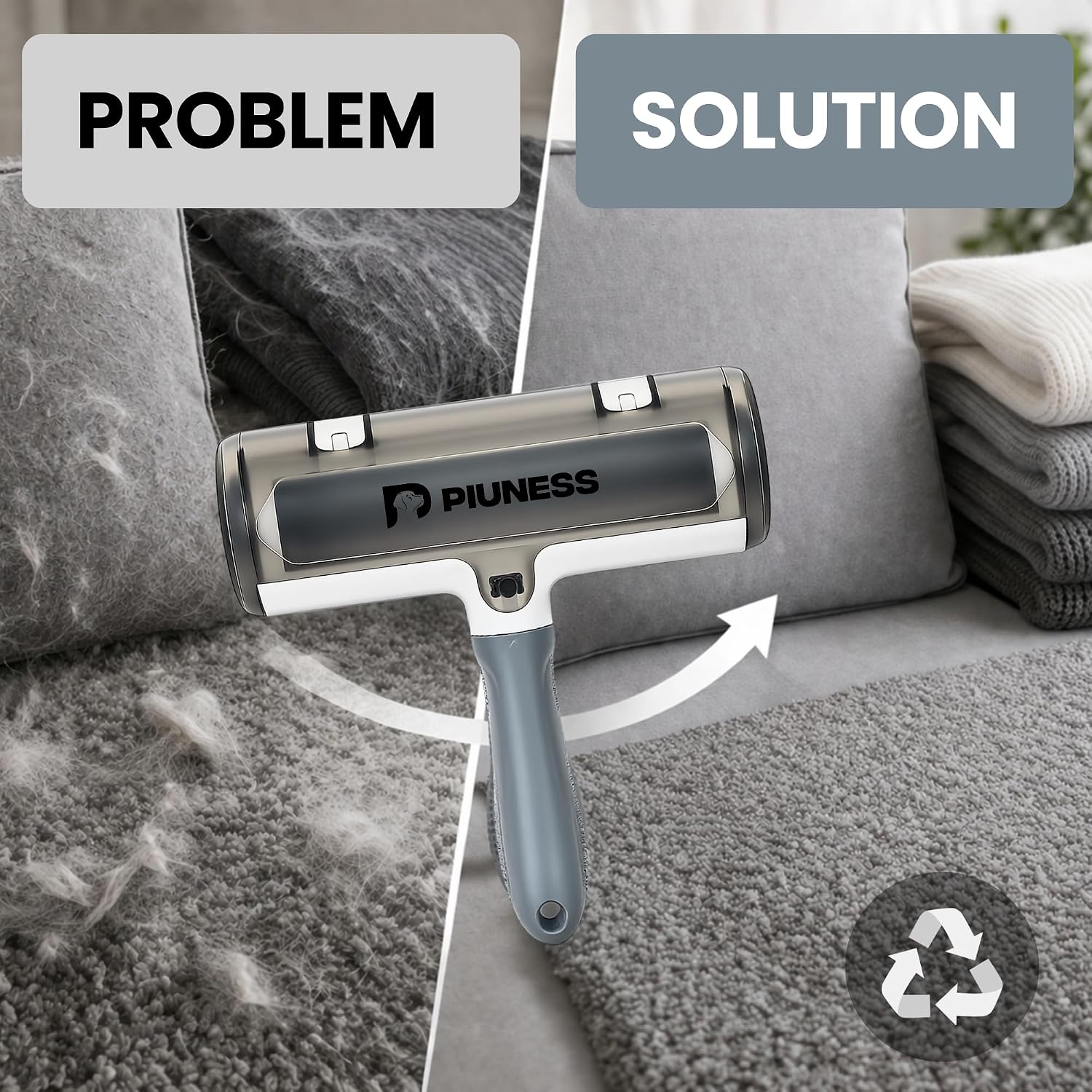 Reusable Pet Hair Remover Roller – Heavy Duty Lint Roller for Dog & Cat Hair – No Sticky Sheets, Eco-Friendly Hair Remover for Furniture, Couch, Carpet, Car, Rugs & Bedding (Gray & White)