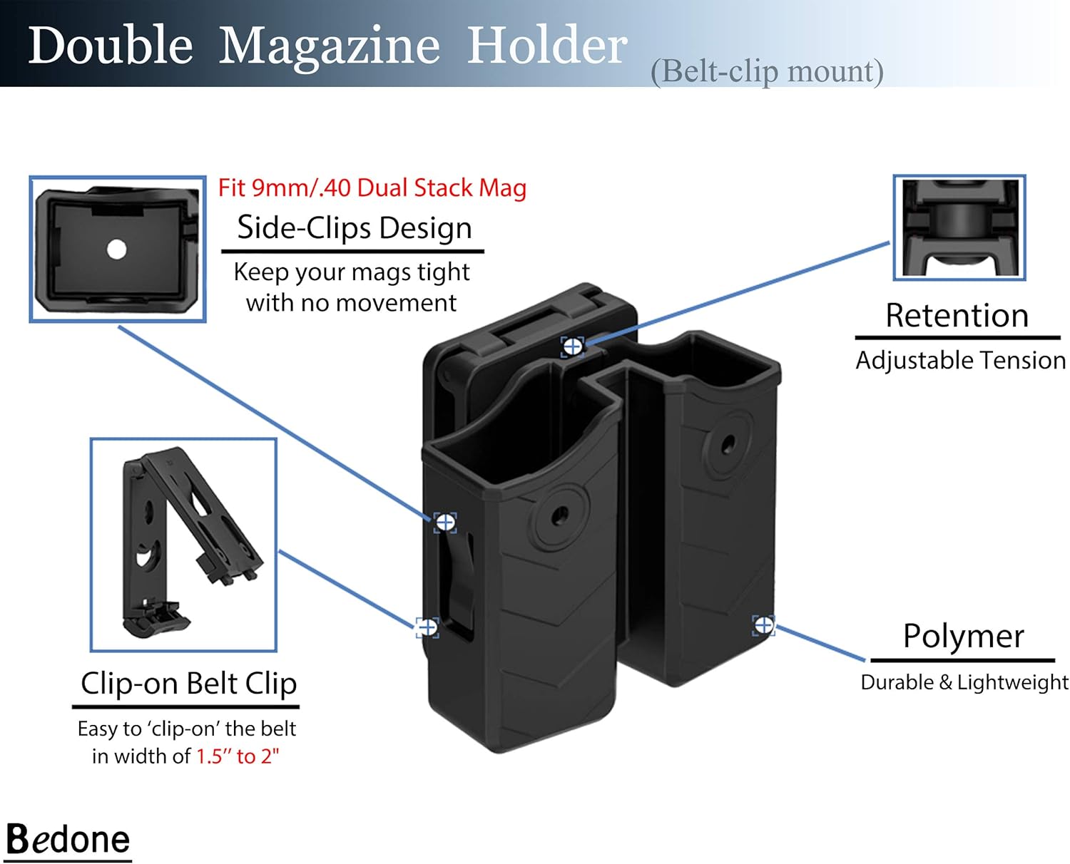 Universal Double Magazine Holster, 9mm 40 45 Magazines Pouch Adjustable Retention Dual Stack Mag Holder for Glock, S&W, Ruger, Sig Sauer, Taurus, Beretta, Springfield and More Similar-Size Mags