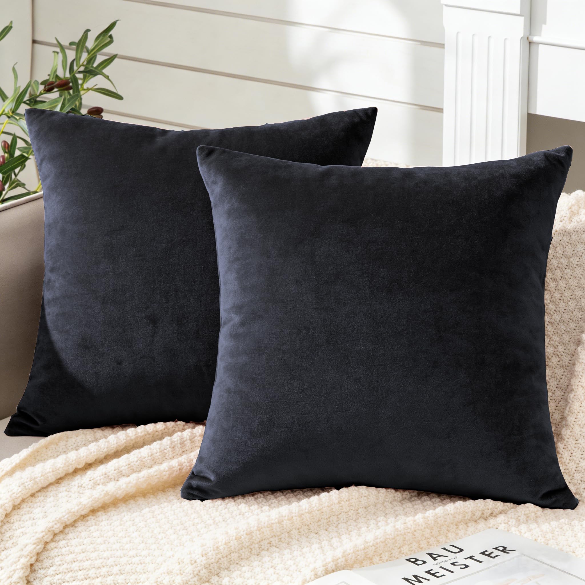 Soifox Pack of 2 Velvet Cushion Covers Dark Grey Decorative Square Throw Pillow Covers Pillowcases 40x40 cm 16x16 Inch Cushion Case Home Decor Pillow Cases for Couch Sofa Living Room Bed