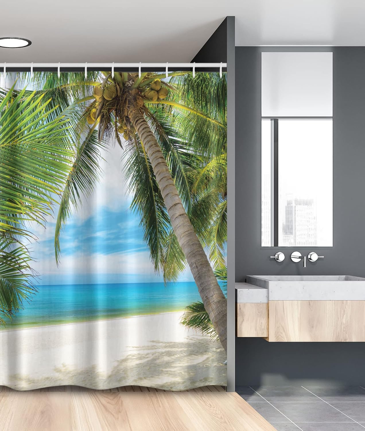 Ambesonne Ocean Stall Shower Curtain, Shadow Shade of a Coconut Palm Tree on White Sandy Seashore Image, Fabric Bathroom Decor Set with Hooks, 54" W X 78" L, Green Blue