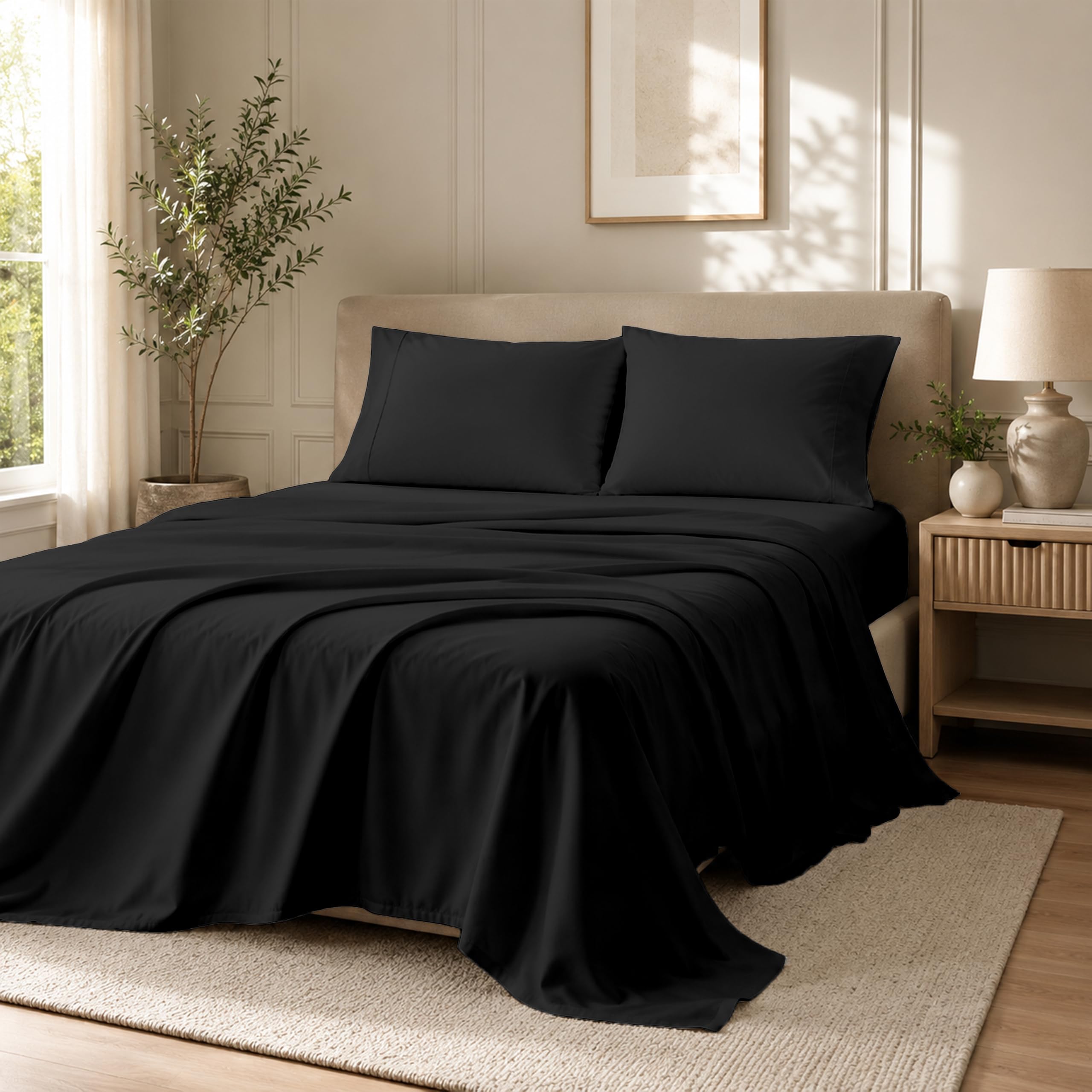 Egypto Microfibre Luxury Bedding Flat Sheets Single – Breathable & Hypoallergic Flat Sheets – Shrinkage & Fade Resistant Flat Bed Sheet Black