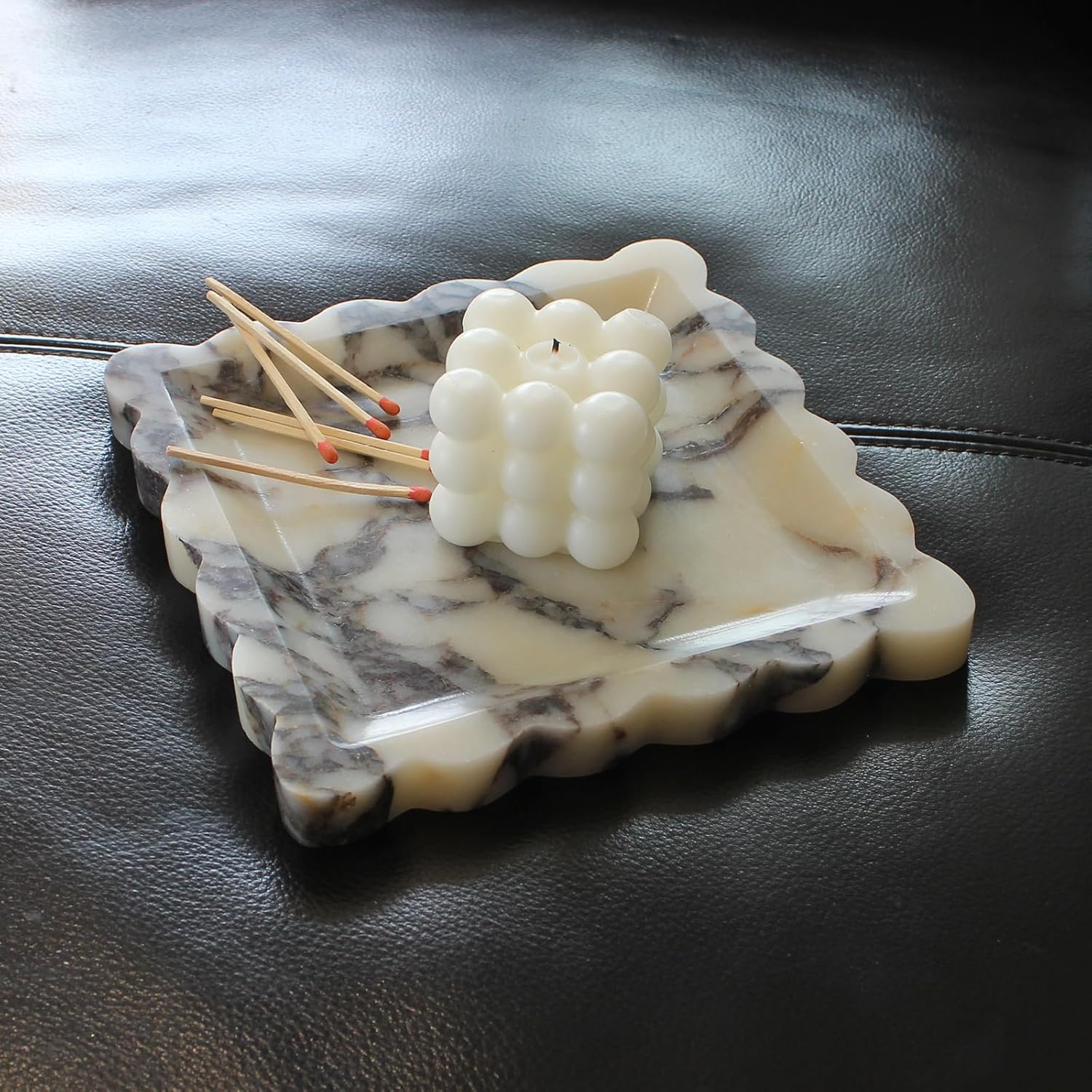 Natural Luxury Marble Tray with Scalloped Edge, Handmade Square Decorative Tray, Catch All Tray for Counter, Dresser, Nightstand and Home Décor (Calacatta Viola)