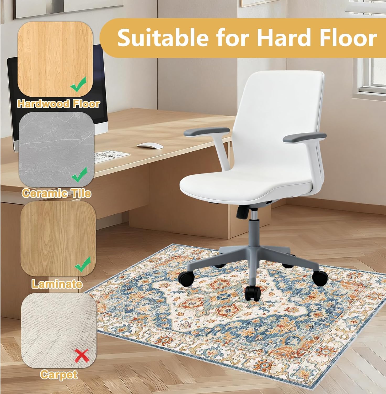 Office Chair Mat for Hardwood Tile Floor, Non-Slip Under-Desk Carpet Protectors, Computer Chair Cushions with Casters, and Machine-Washable Gaming Mats. (Yellow-Green, 3'11''x4'11'')