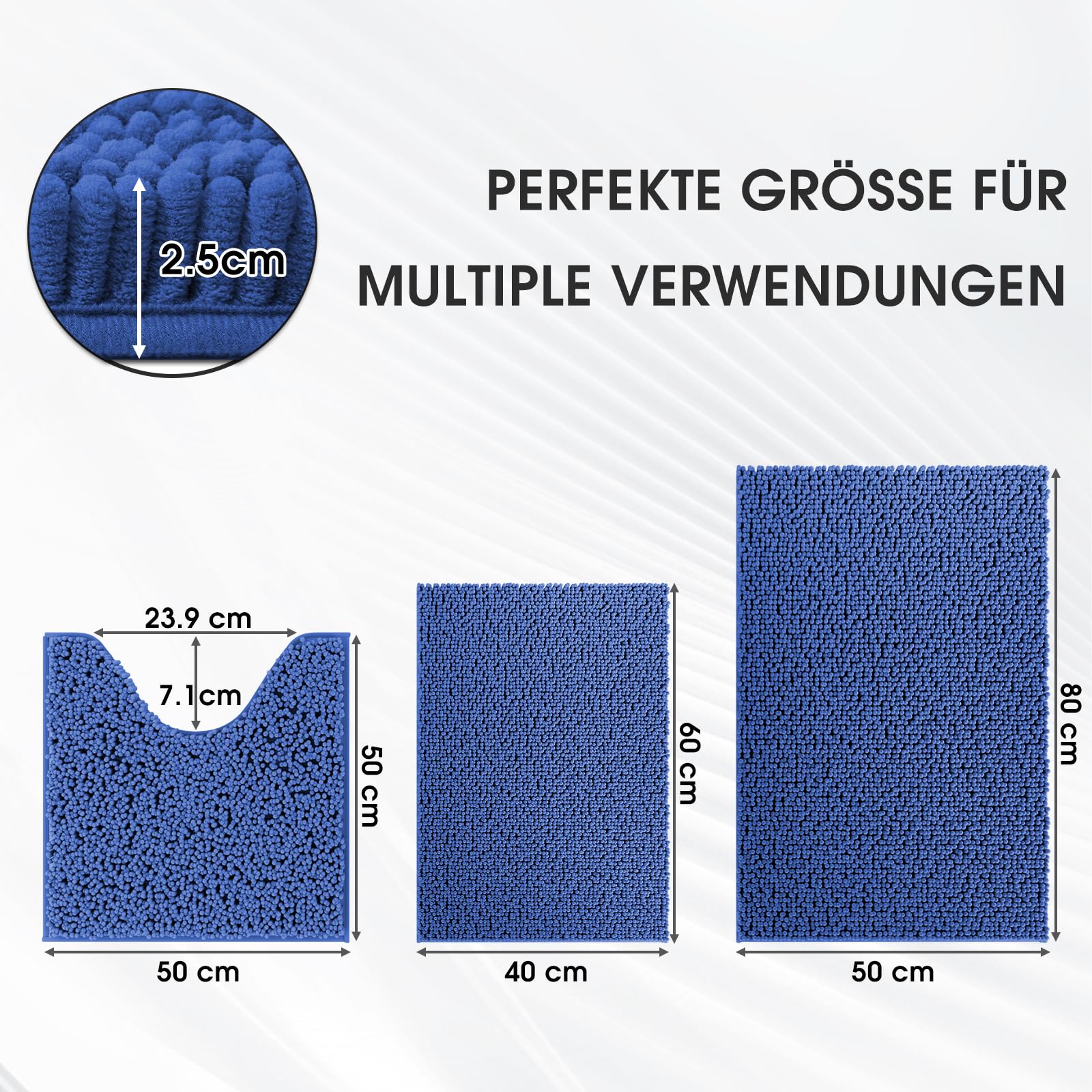 DTXDTech Bathroom Mat, Non Slip Bathroom Mat Sets 3 Piece, Chenille 20 * 32inch, 16 * 24inch Bath Rug and 20 * 20inch U Shape Toilet Rug, Soft and Absorbent(Denim Blue) - Image 3