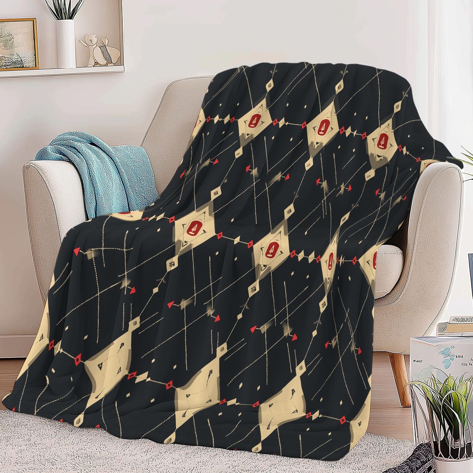 Koc flanelowy 220 x 240 cm w stylu retro, puszysty koc z mikrofibry, na sofę i łóżko, miękki i ciepły koc flanelowy, czarny