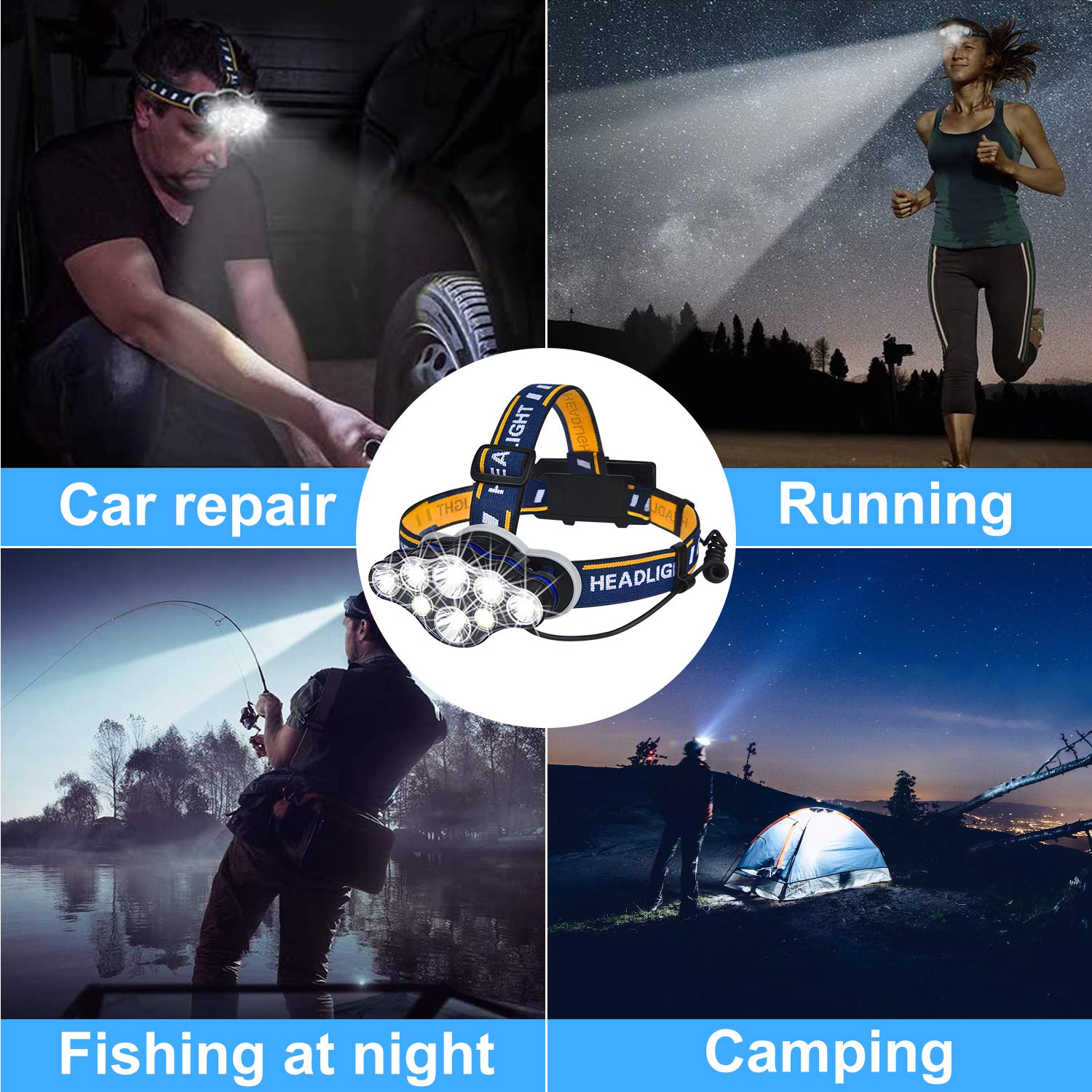 LED Rechargeable Headlamps, IPX5 Waterproof High Lumen 8 LED 8 Modes Head Lamp with Red Light, Adjustable Lightweight Head.