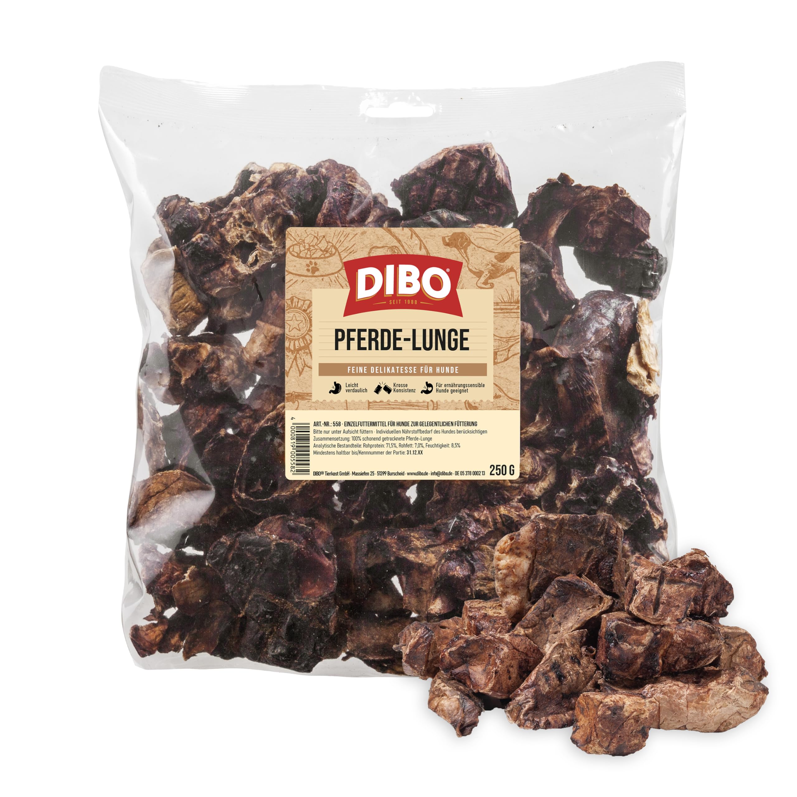 DIBO Pferde-Lunge, 250g-Beutel, der kleine Naturkau-Snack oder Leckerli für Zwischendurch, Hundefutter, Qualitätskauartikel ohne Chemie
