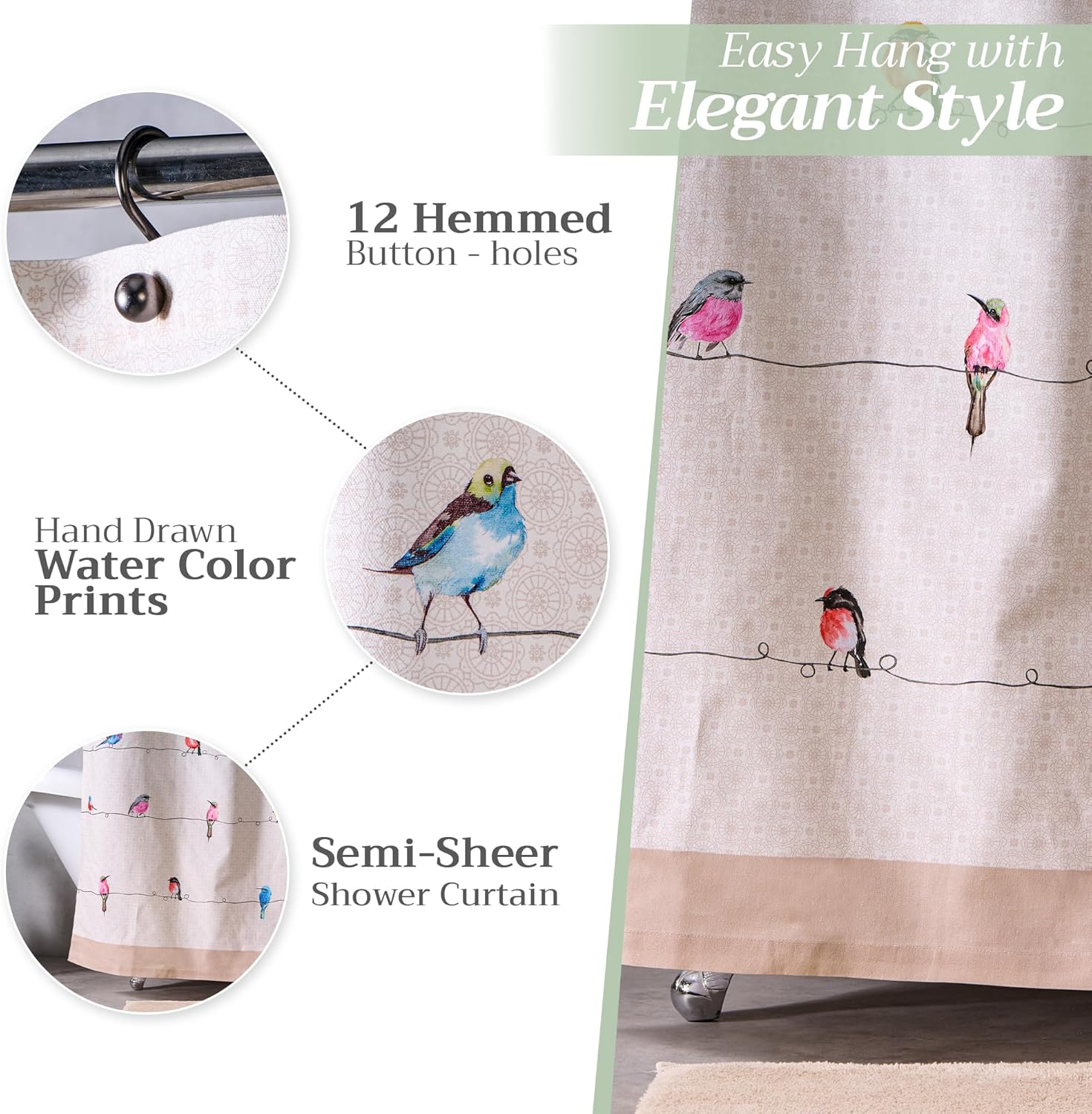 Maison d' Hermine Shower Curtain 100% Cotton One Panel 70"x72" Washable Fabric Shower Curtains for Bathroom, Easy Hanging with 12 Button Holes - Home Hotel Spa Easter Gifts (Birdies on Wire)