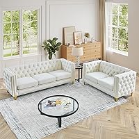 Vista 7 de JEEOHEY Juego de Sofás Chesterfield de 2, Sofá Moderno de Terciopelo con Capitoné y Ribete de Tachuelas, Sofá Tapizado de Asiento Profundo, Sofá
