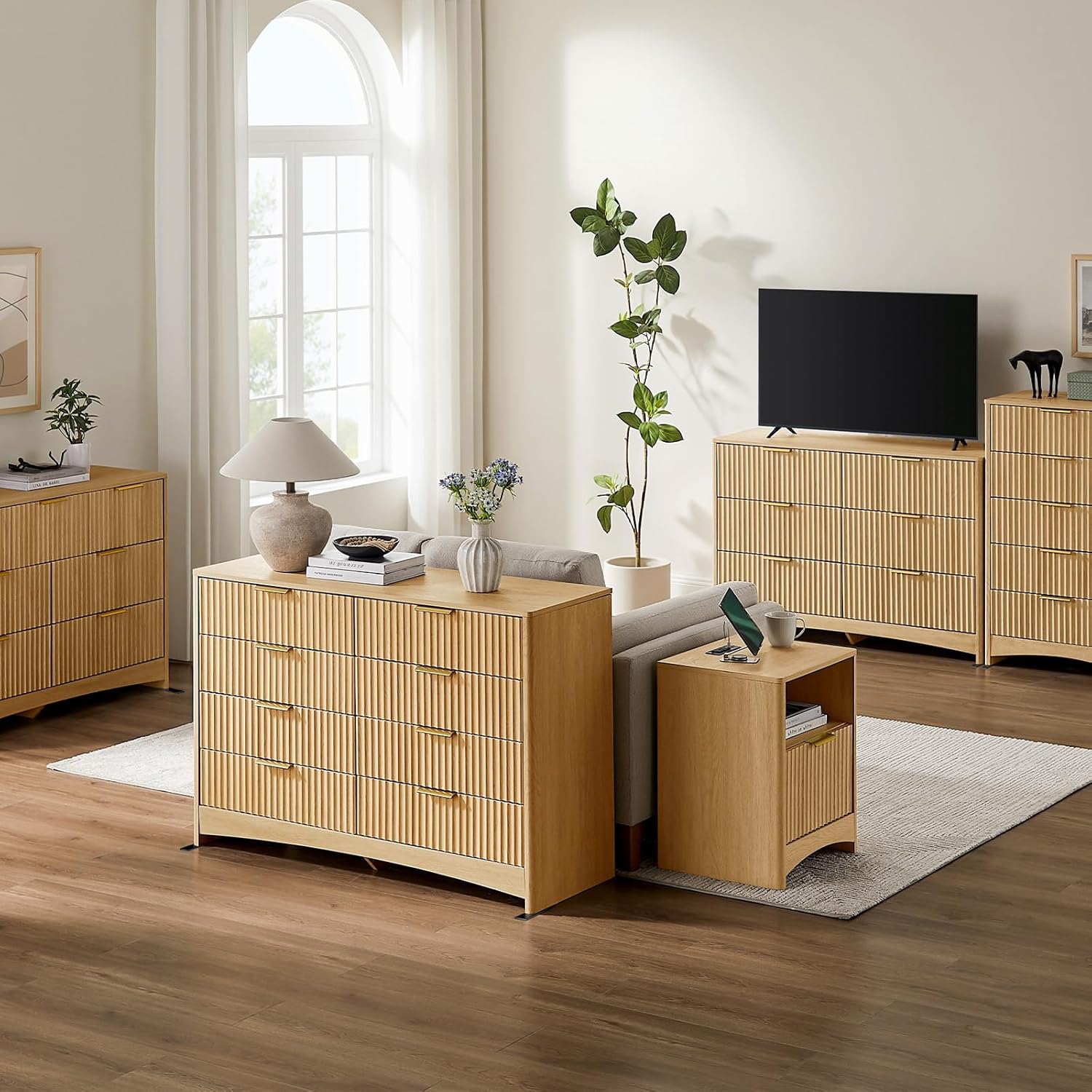 Pipishell Dresser for Bedroom, Fluted 5 Drawers Dresser, 40" Tall Modern Chest of Drawer with Round Edge & Pre-Installed Drawer Slides, Natural Wood Drawer Organizer for Bedroom, Hallway, Natural Oak