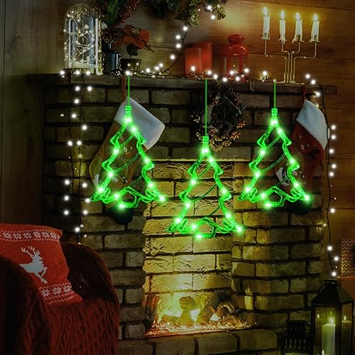 Miniatura 9 de LYUBASA 3 luces navideñas para ventana, funciona con pilas, lámpara LED con forma de árbol iluminado verde