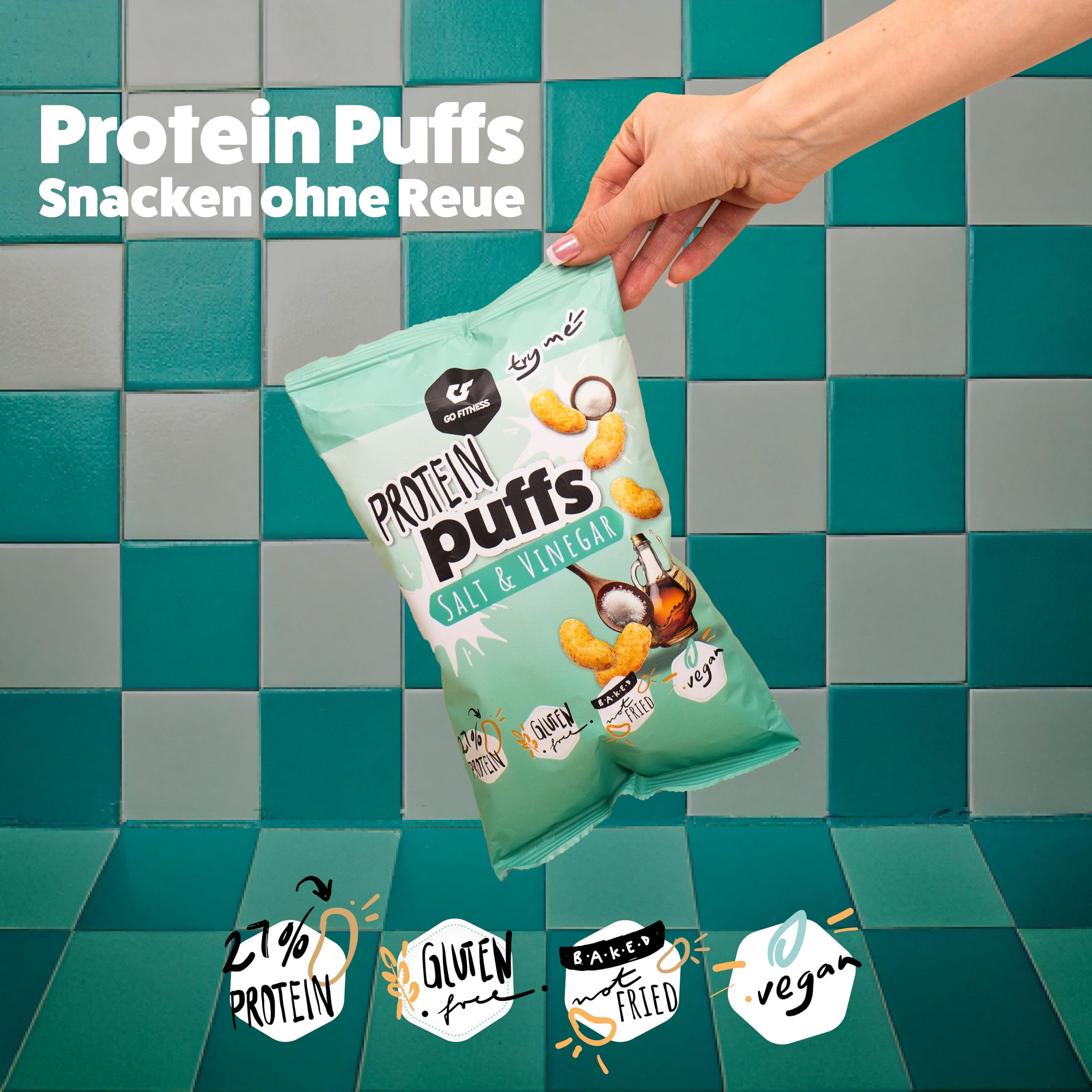 Go Fitness Nutrition – Protein Puffs – Salt & Vinegar – 6-Pack – Proteinreicher Snack, Wenig Zucker, Knusprig und Würzig