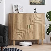 Smuxee Oak Sideboard Buffet Cabinet with Line Groove Design & Adjustable Shelf - Freestanding Wood Storage for Living Room, Entryway