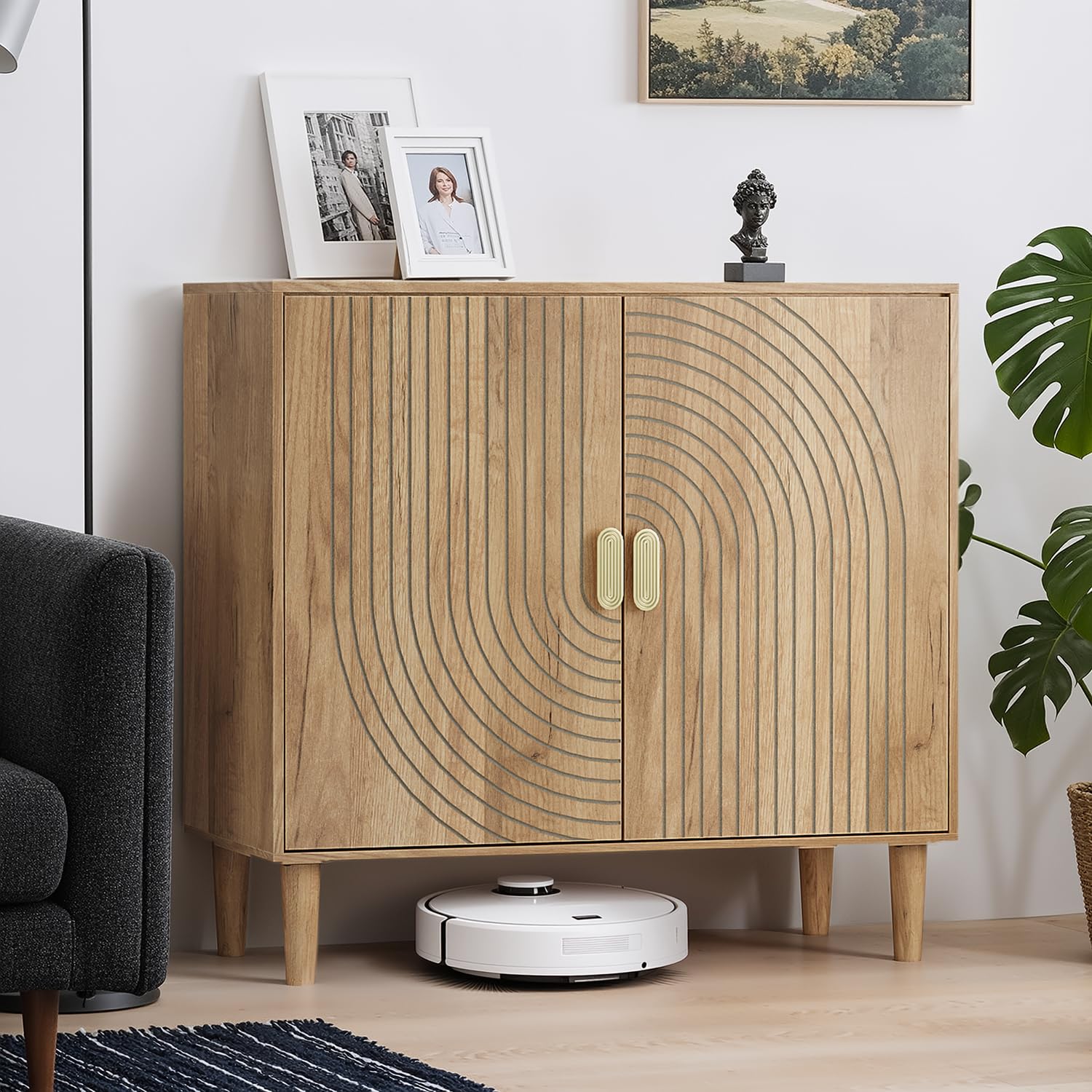 Oak Sideboard Cabinet with Groove Design