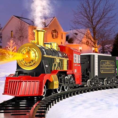 Miniatura 5 de Locomoto Juego de tren para niños y niñas, juguetes de tren con locomotora de vapor, coches de carga y pistas, trenes eléctricos de juguete con humo