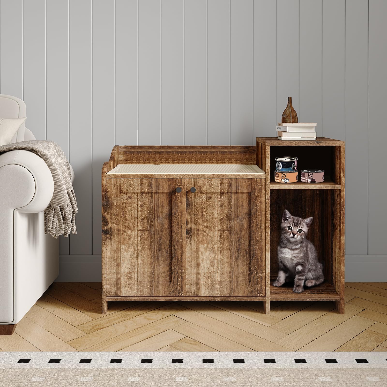 Cat Litter Box Enclosure, Hidden Litter Box Furniture with Side Entry Door, Raised Edge, Back Vents, Cat Litter Cupboard with Cozy Perch & Smooth Easy-Clean Surfaces for Living Room 85x50x61.5 cm
