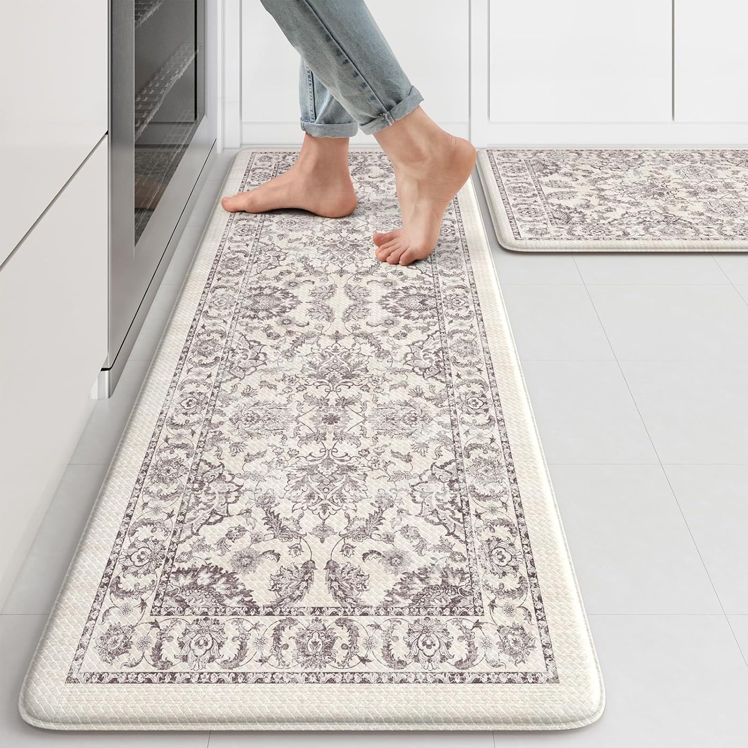 KIMODE Anti Fatigue Mats for Kitchen Floor Non Slip,Boho Vintage Floral Rugs Sets of 2,Cushioned Carpet Non Slip for Laundry,Wide Memory Foam Runner for Sink Office,Green 20