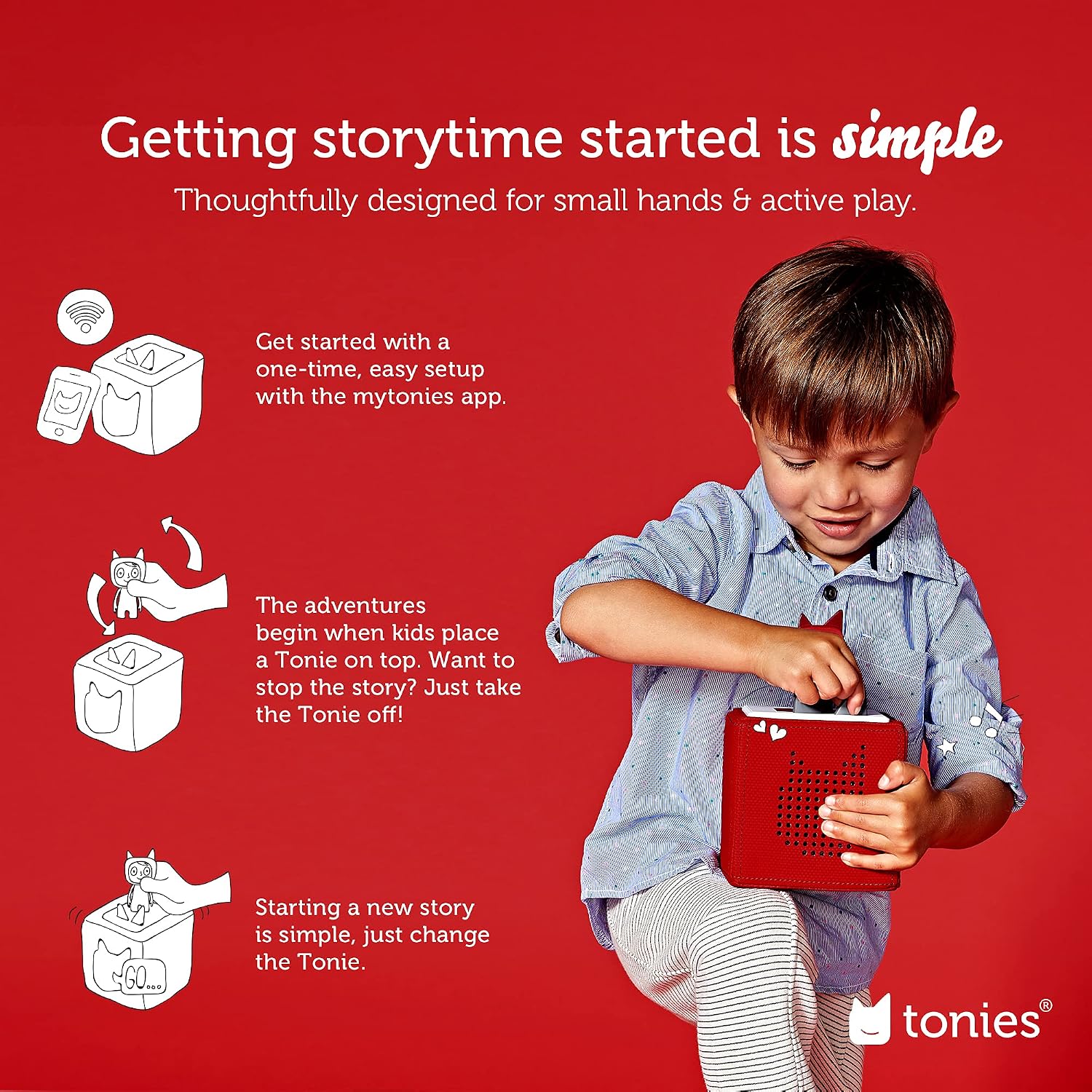 Toniebox Audio Player Starter Set with Woody, Simba, Nemo, Baloo, Playtime Puppy, and Foldable Headphones - Red [Discontinued]