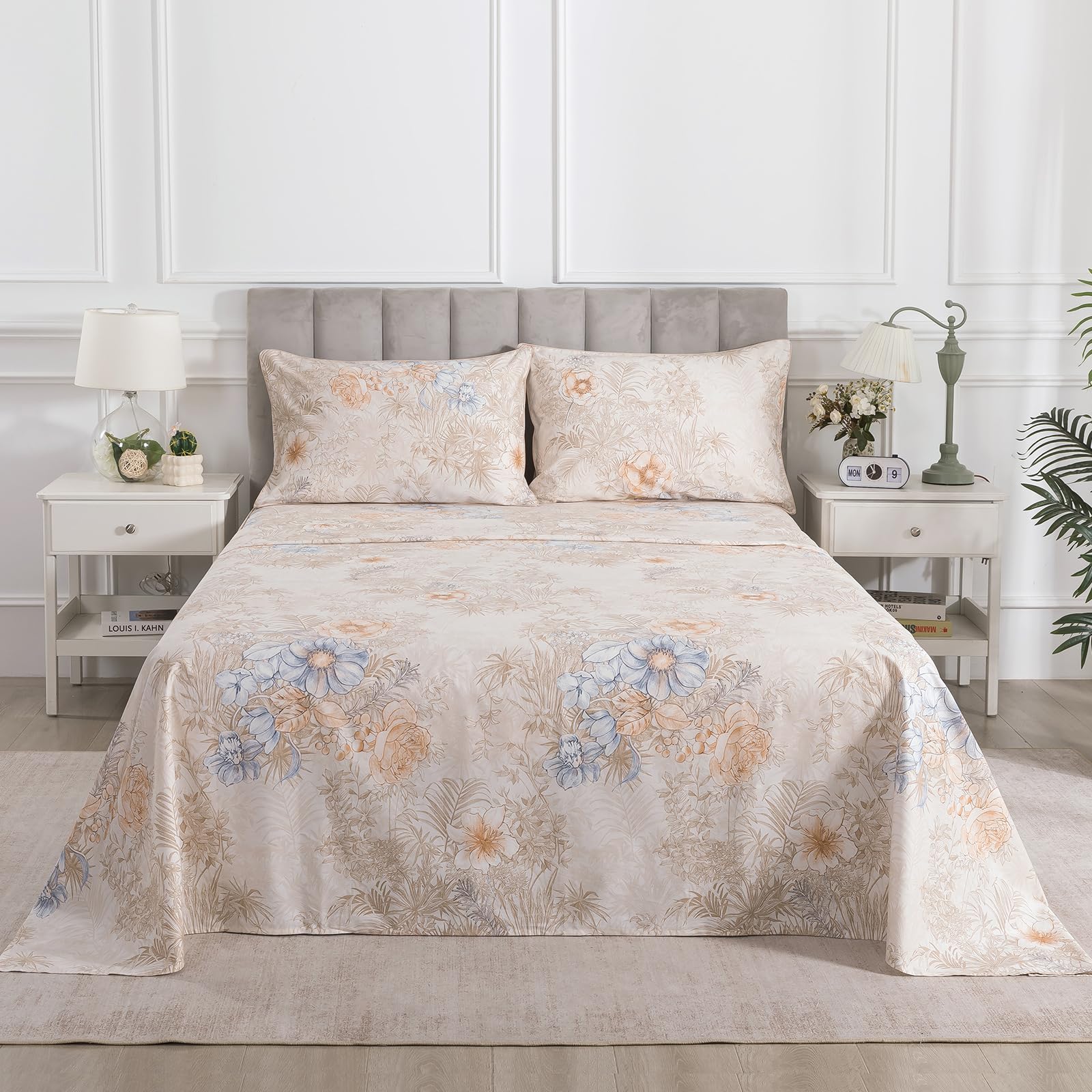 Deep Pocket Percale Sheets Queen Size Beige Vintage Floral, 4Pcs | 100% Cotton Soft Crisp Farmhouse Sheet Set, Shabby Chic Flower Patterned Bed Sheets, Aesthetic Toile Bedding, Botanical Print