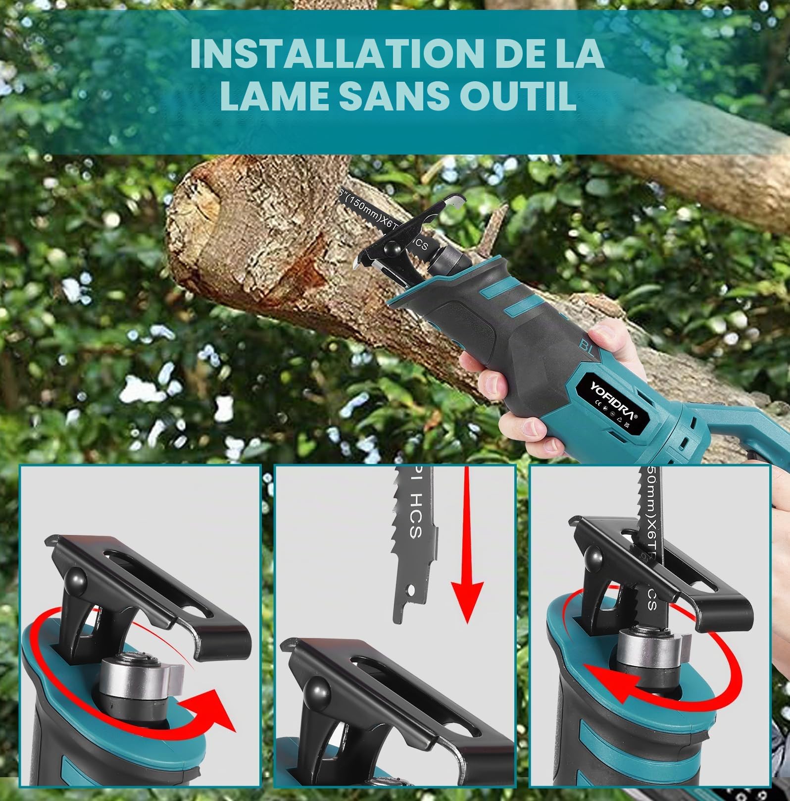 Yofidra Scie Sabre Sans Fil, Scie Alternative Électrique Sans Balais avec 2×3.0Ah Batteries, 8 Lames, 3600SPM, Course 28mm, Tête Pivotante 180°, pour Bois/Métal/PVC