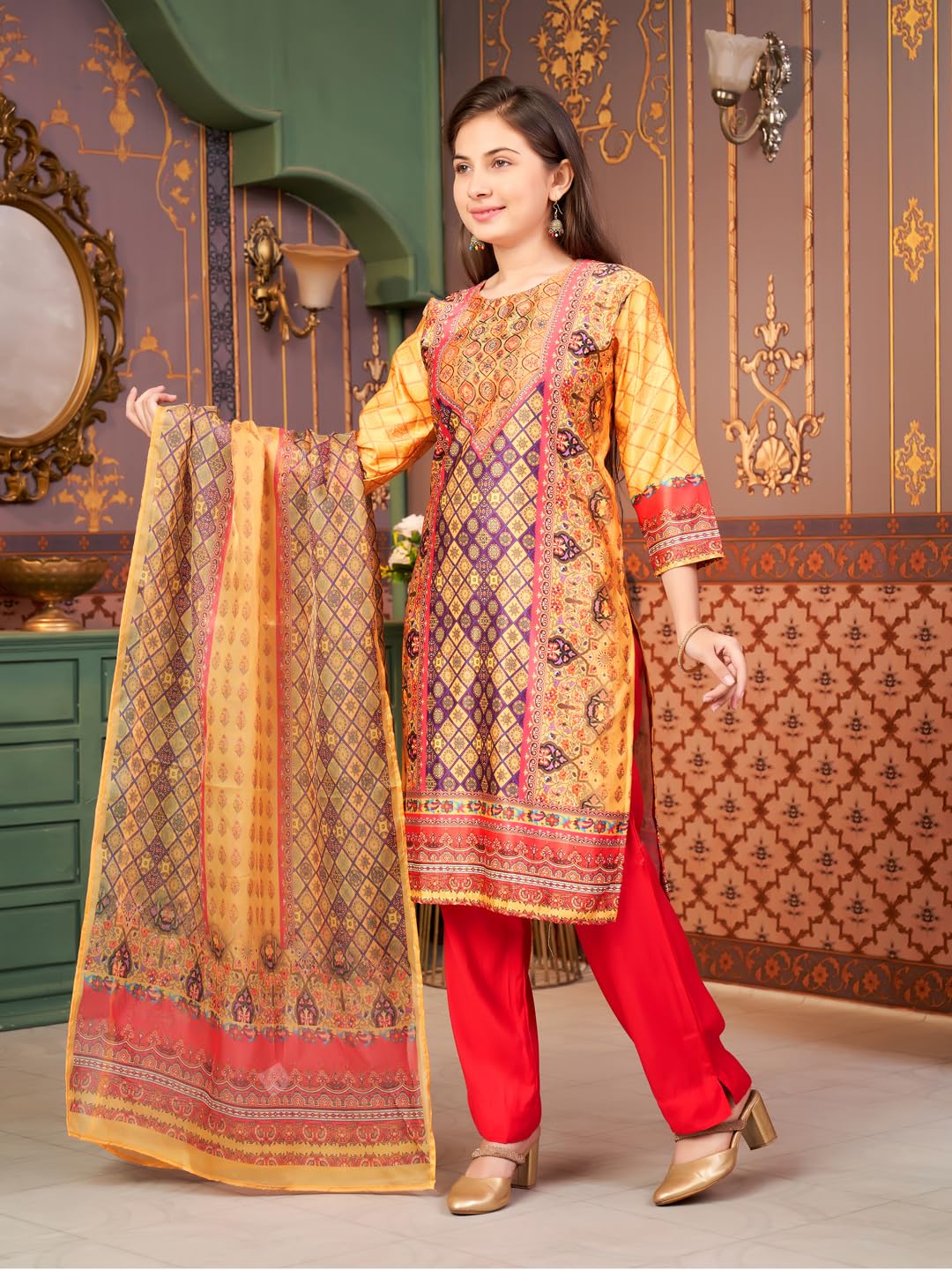 Aarika Girls Ethnic Wear Yellow-Dark Pink Colour Abstract Embalished Satin Kurti Pant Set-8-15 Years (Kp-Tr-K-1040)