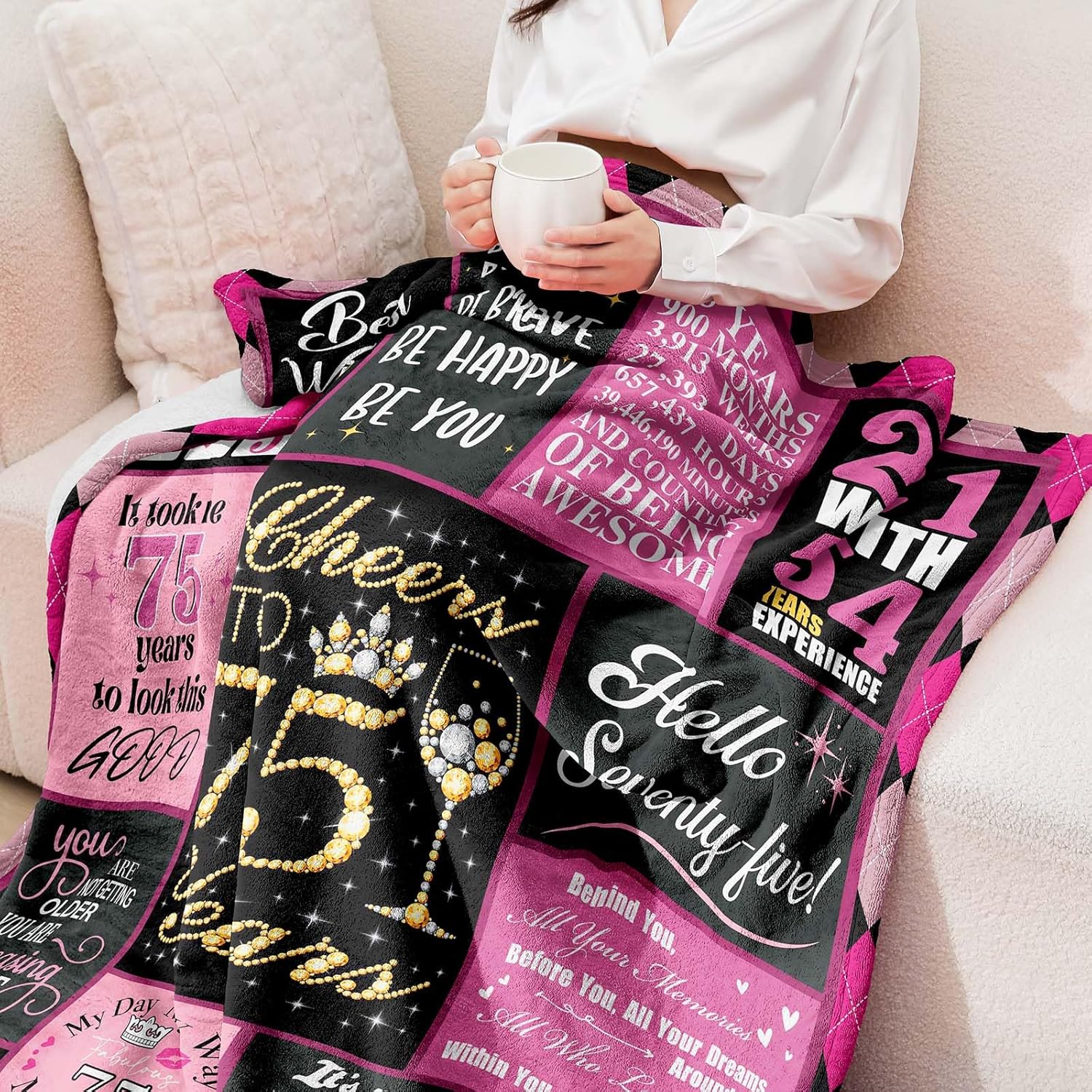 75th Birthday Gifts for Women Gift for 75 Year Old Woman Birthday Unique Happy 75th Birthday Gifts for Her Best Friend Mom Sister Wife Throw Blanket 60x50 Inch(Pink) - Image 3