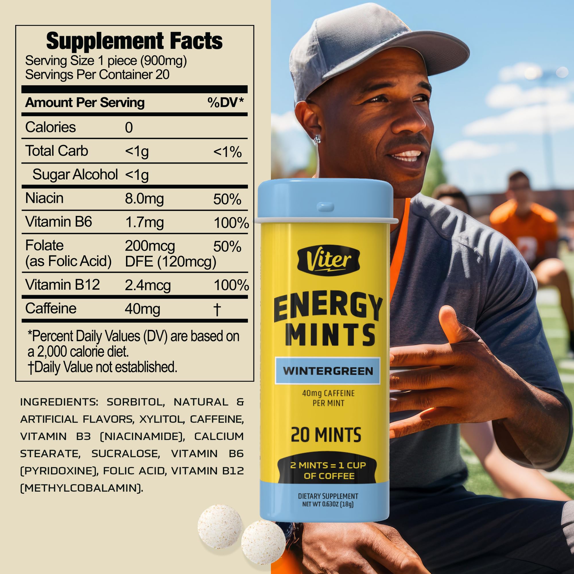 Viter Energy Caffeine Mints 40mg, Sugar Free, Wintergreen, 20ct, 6 Pack — Amazon image 7