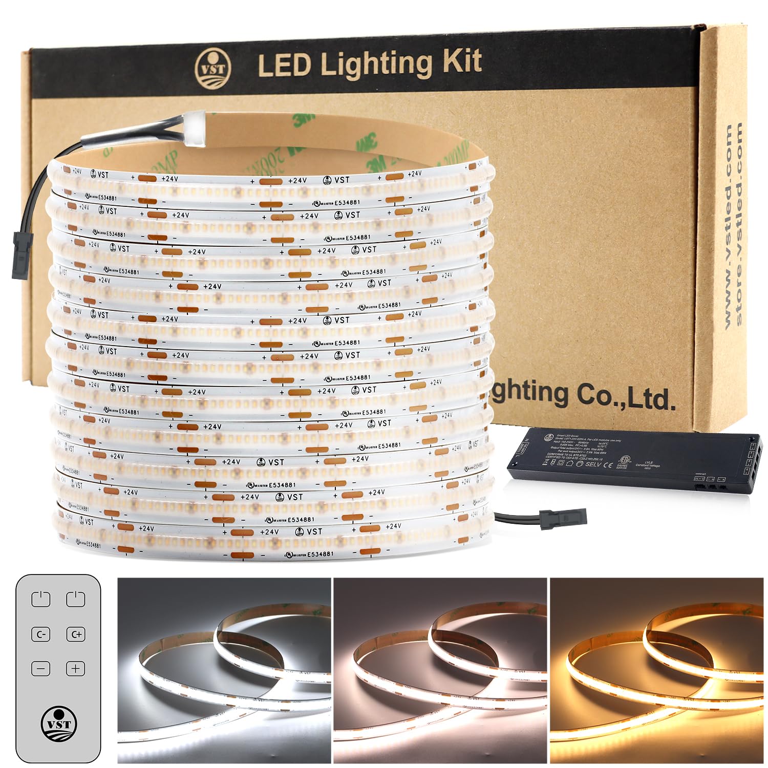 VST 16.4ft COB LED Strip Lights CCT 2700K-6500K UL-Listed, 24V Dimmable LED Light CRI 93, 2400LEDs Super Bright LED Tape Lighting with 60W LED Driver ETL-Listed and Remote Controller