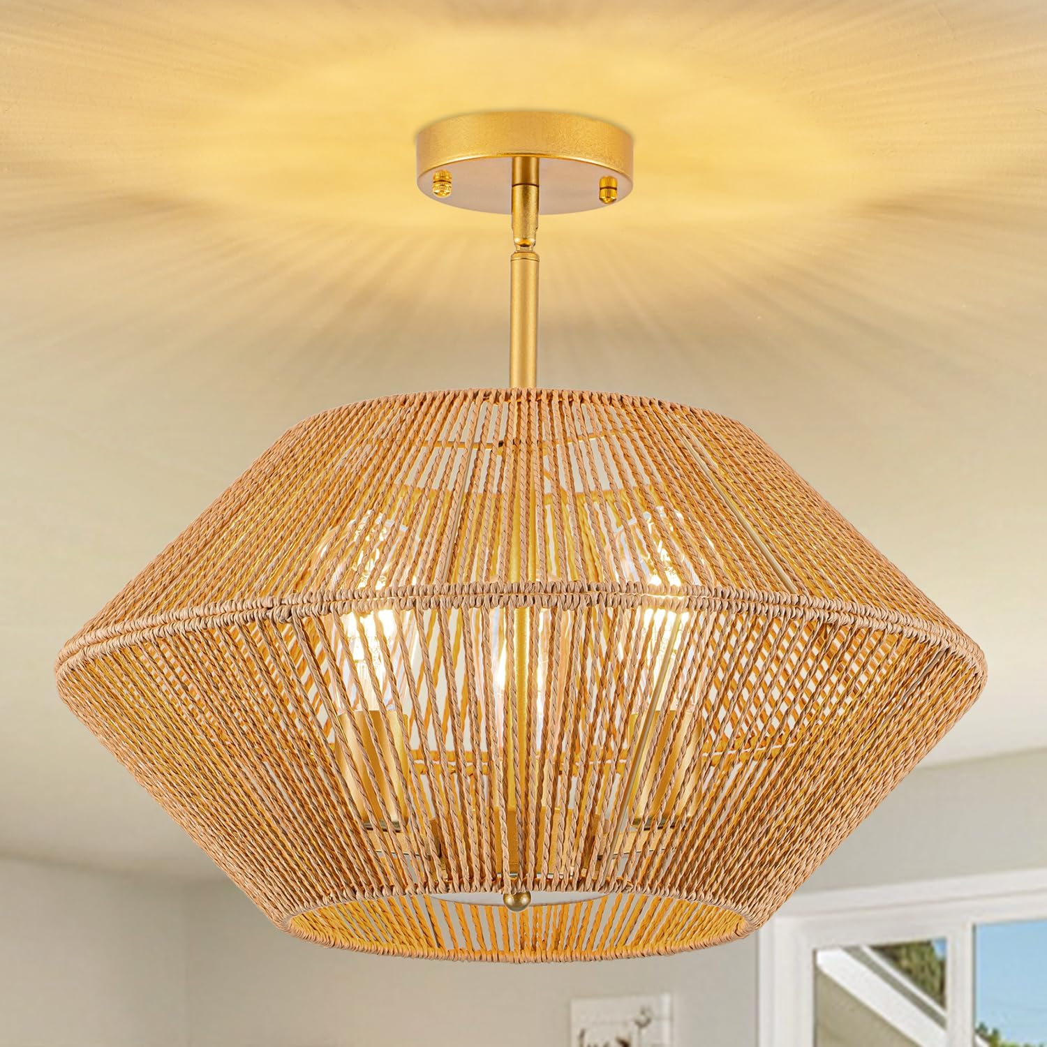 Rattan Ceiling Light Fixture, 3-Light Boho Semi Flush Mount Ceiling Light, 20" Wicker Light Fixture with Handmade Woven Cage Lampshade, Rattan Chandelier for Bedroom Hallway Nursery Kitchen, Gold 3-Light Gold