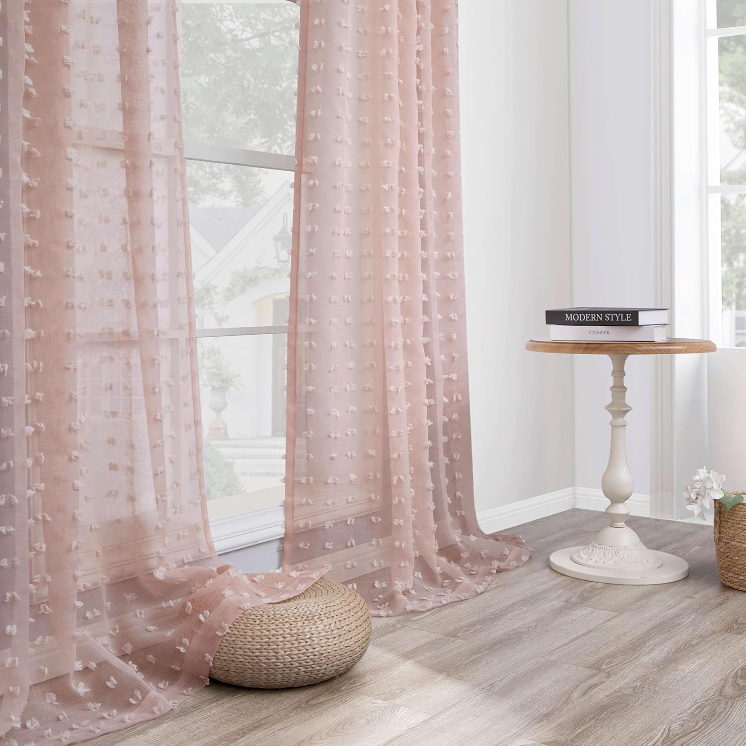 DANCURTON Dusty Pink Sheer Curtains 96 Inches Long 2 Panels for Girls Bedroom Window Boho Pom Pom Sheer Semi Window Curtains Back Tab Rod Pocket Shabby Chic Pink Textured Curtain for Nursery 52x96