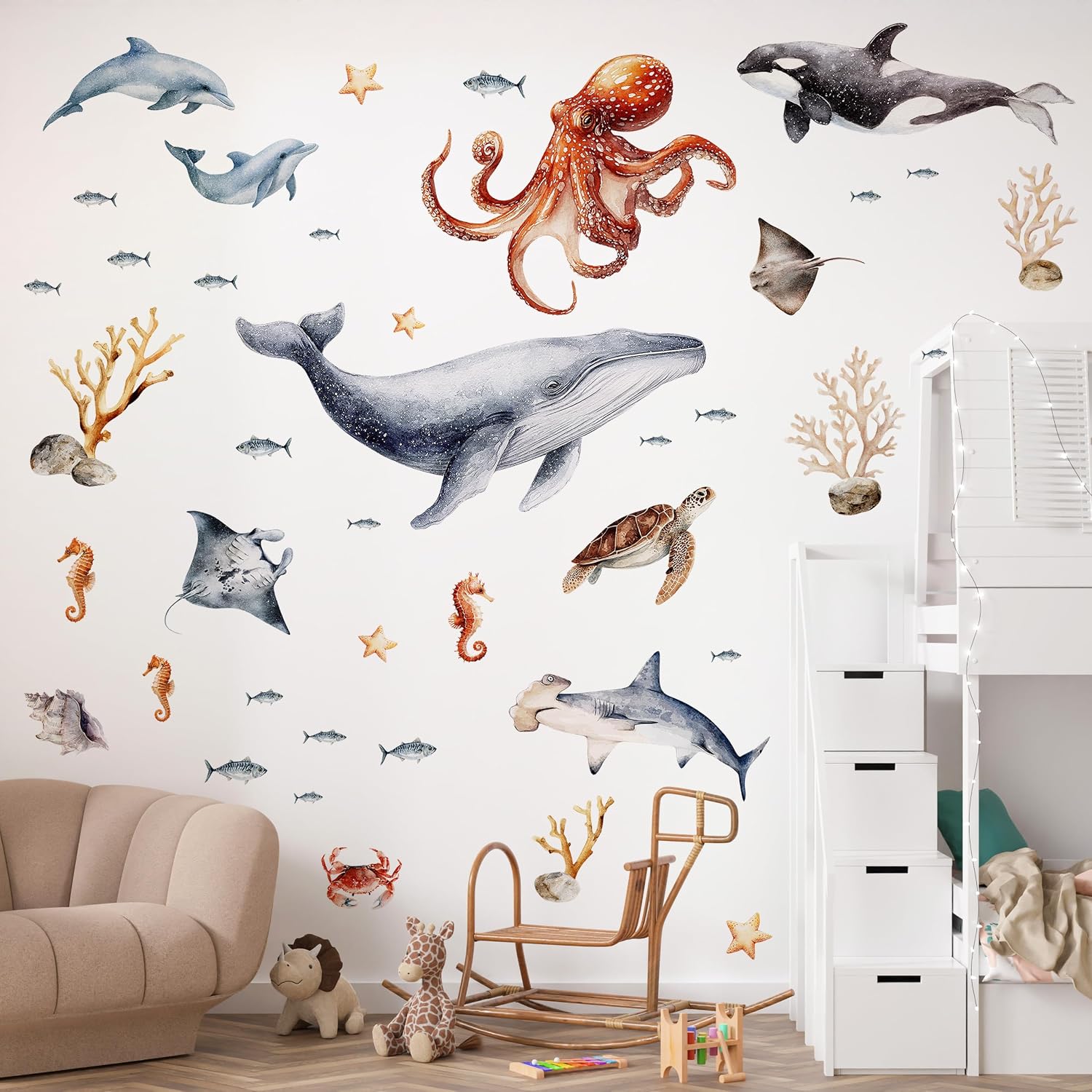 Under the Sea Animals Wall Decal, Peel and Stick Ocean Animals Mural, Playful Sea Creatures Wall Stickers for Kids, Boys and Girls Room, Bedroom & Nursery Decor (Ocean Whale Wall Decals 70)